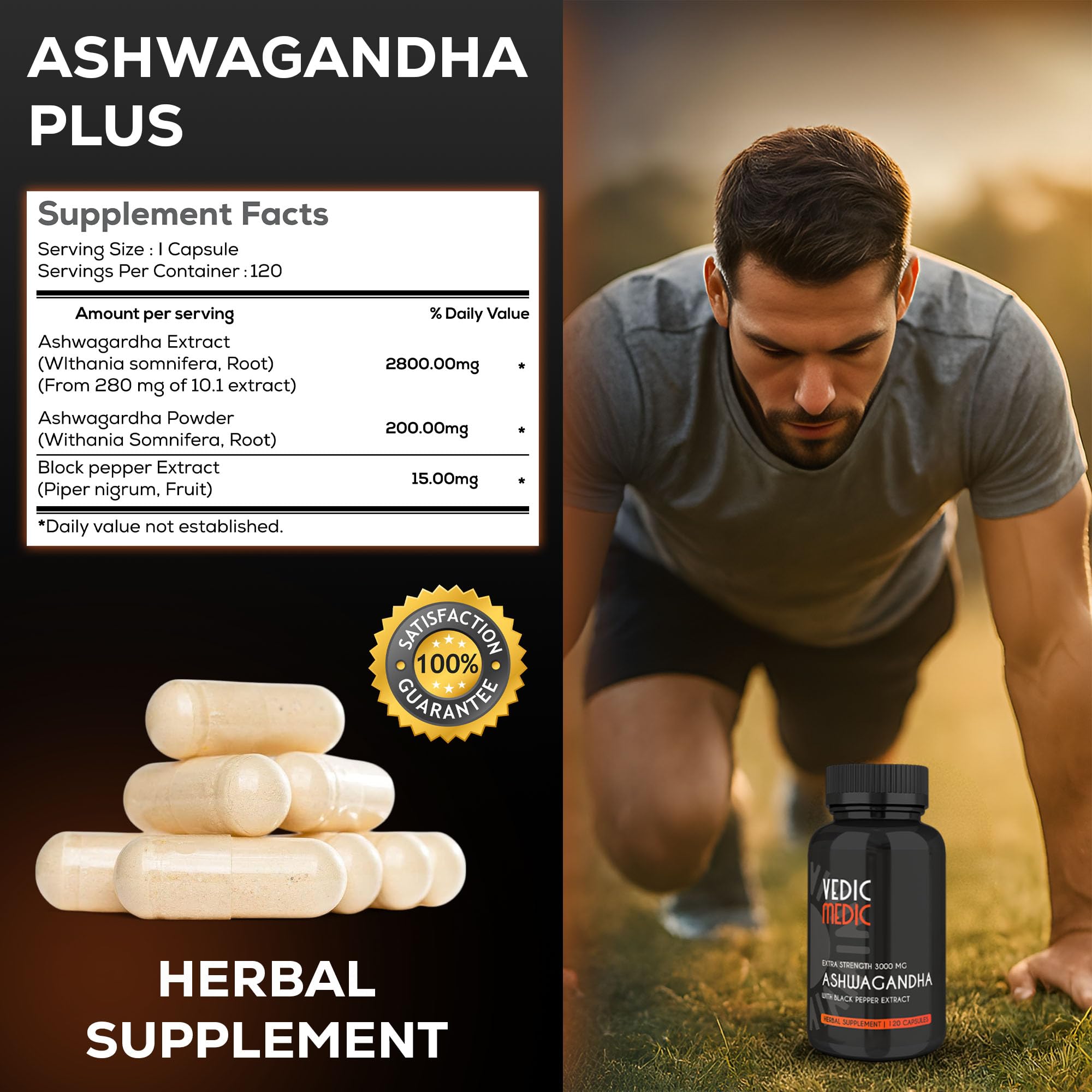The Vedic Medic Ashwagandha capsules close-up of ingredients