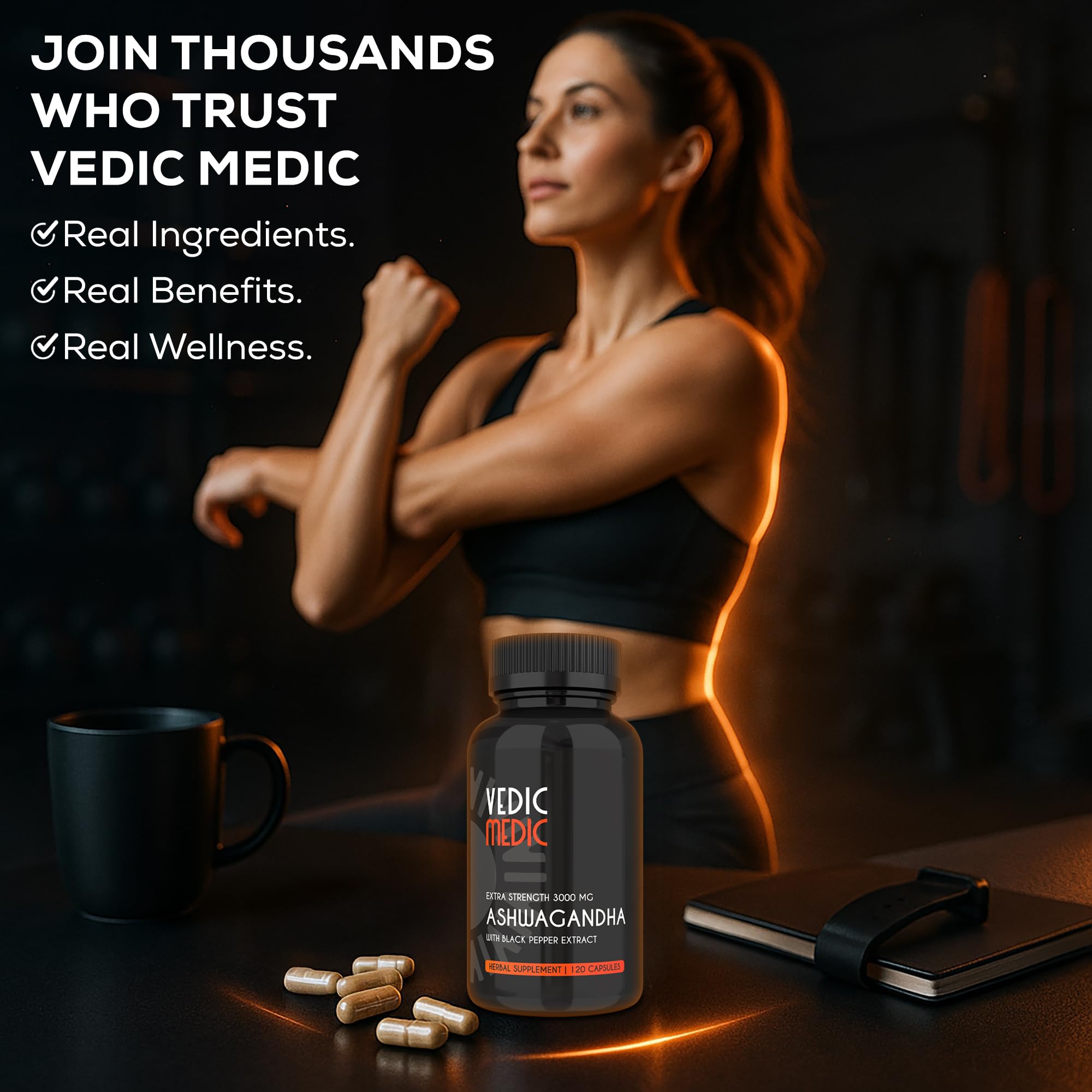 The Vedic Medic Ashwagandha capsules in a natural setting