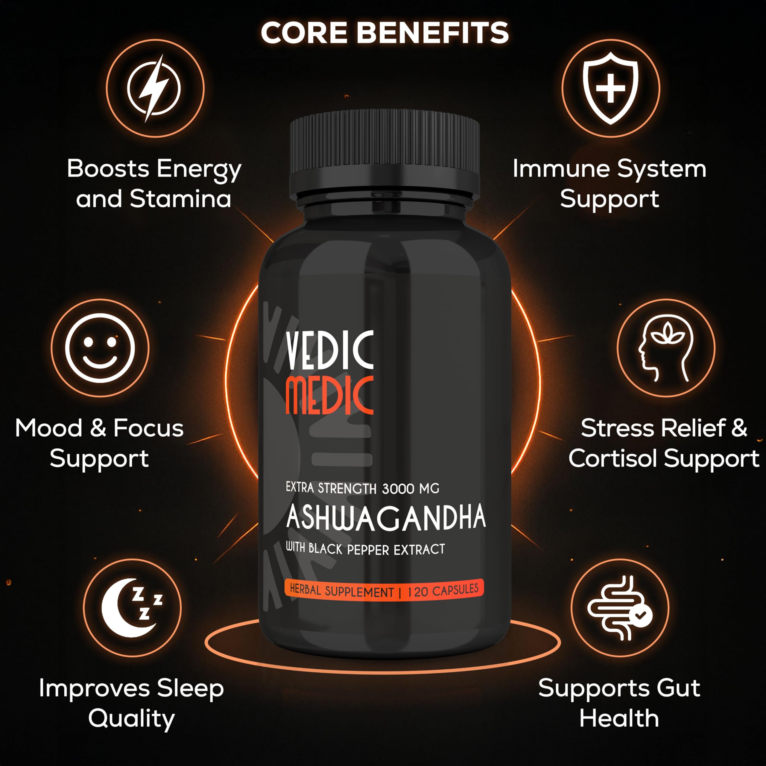 The Vedic Medic Ashwagandha capsules on a wooden table