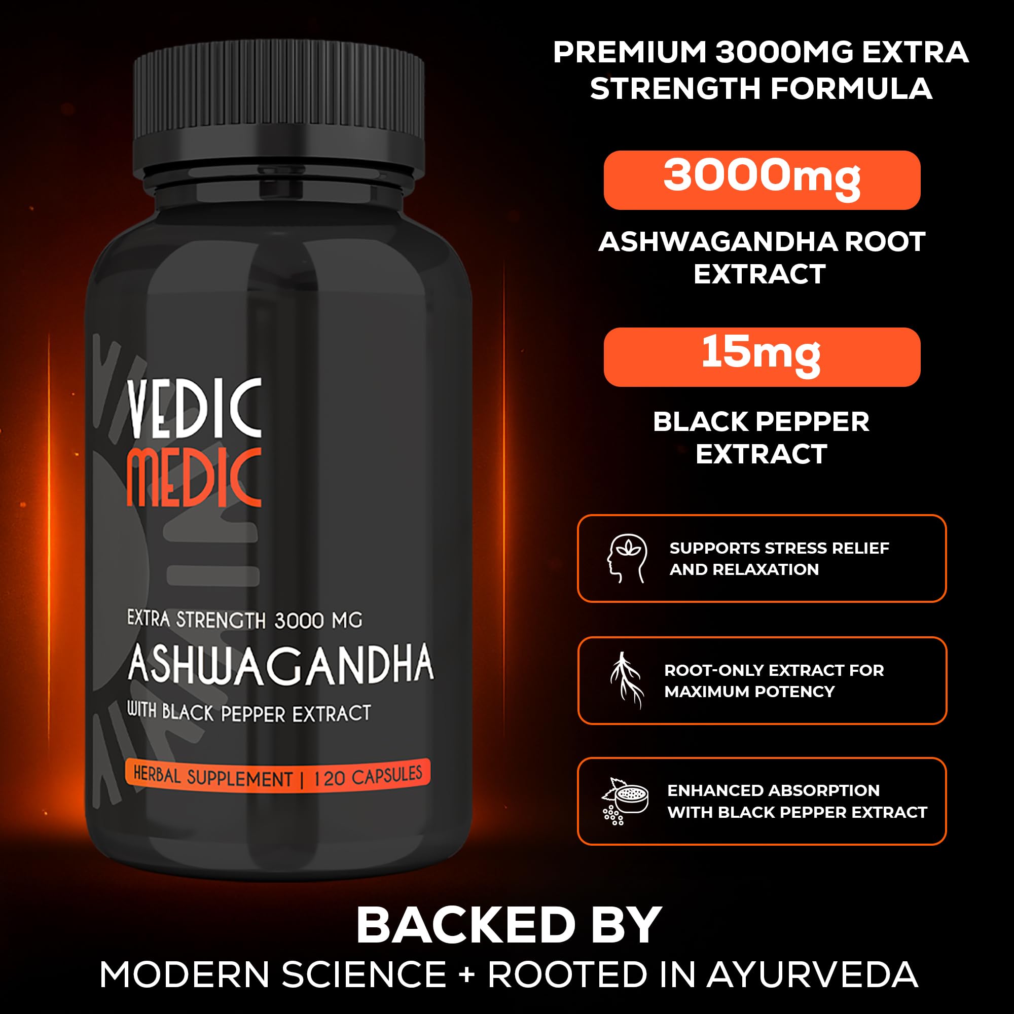 The Vedic Medic Ashwagandha capsules side view showing packaging