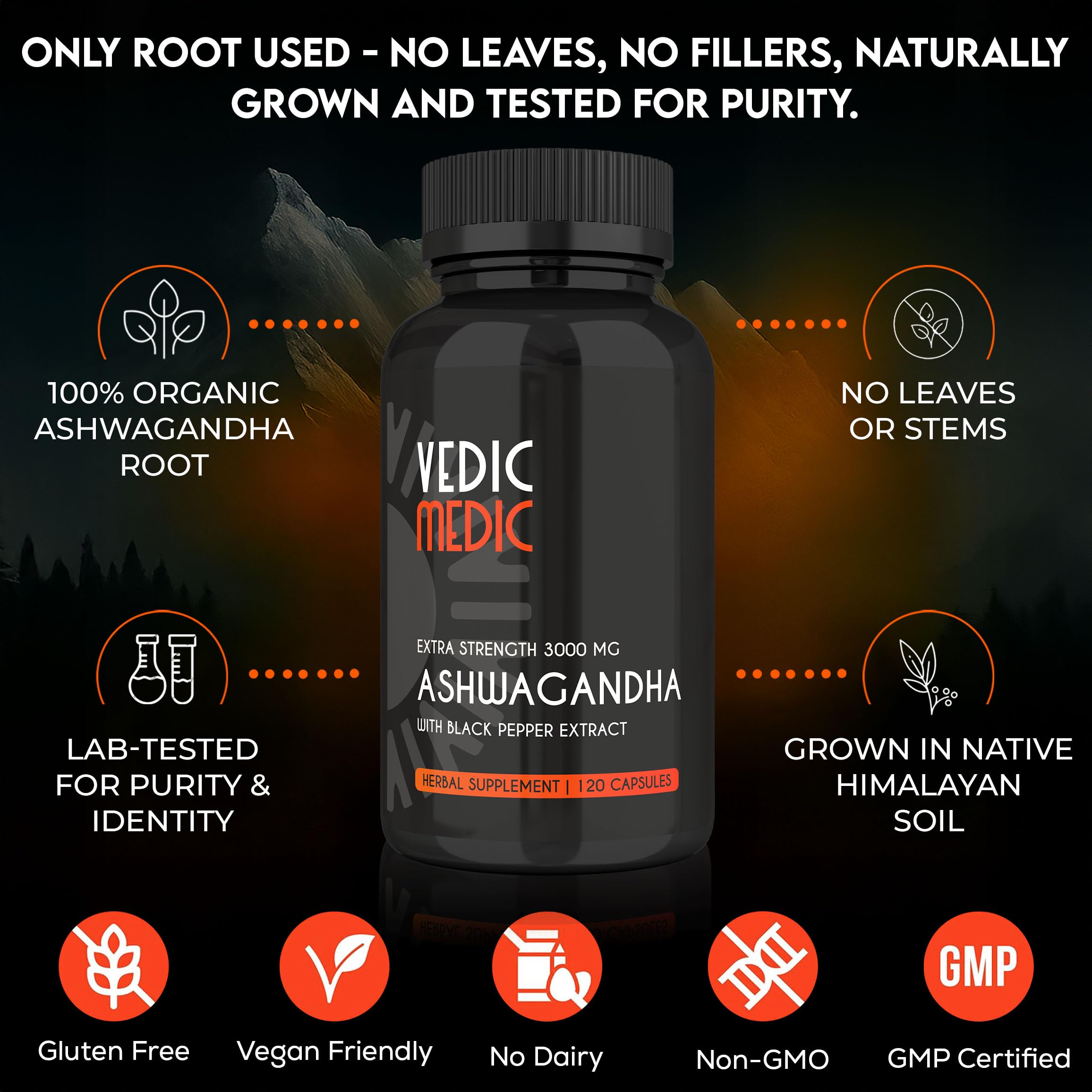 The Vedic Medic Ashwagandha capsules with a measuring spoon