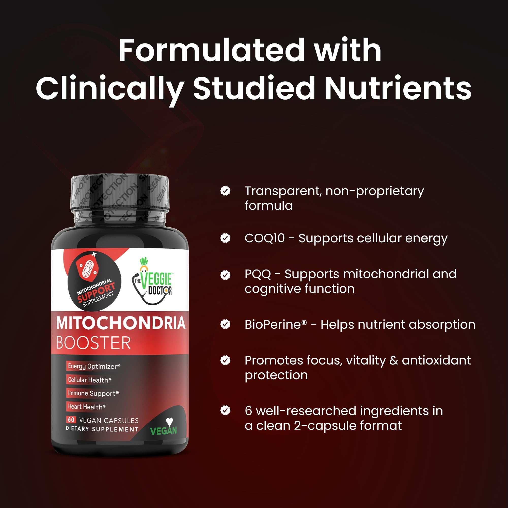 The Veggie Doctor Mitochondria Support capsules with a measuring spoon