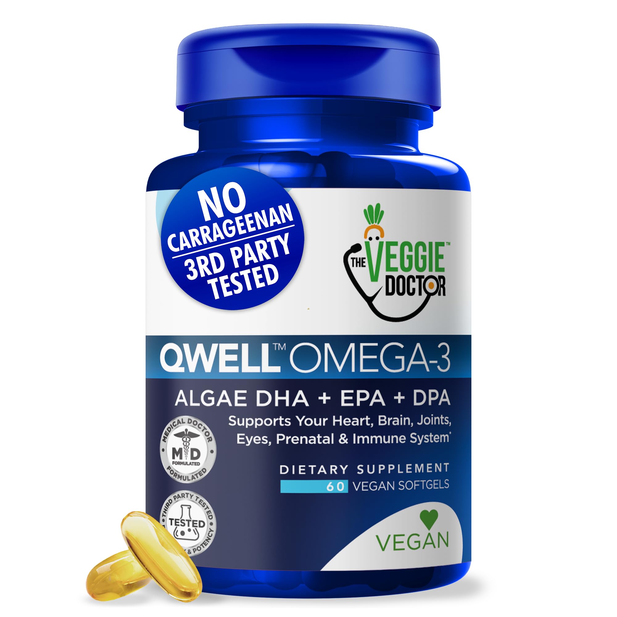 The Veggie Doctor Vegan Omega-3 Algal Oil Capsules front view