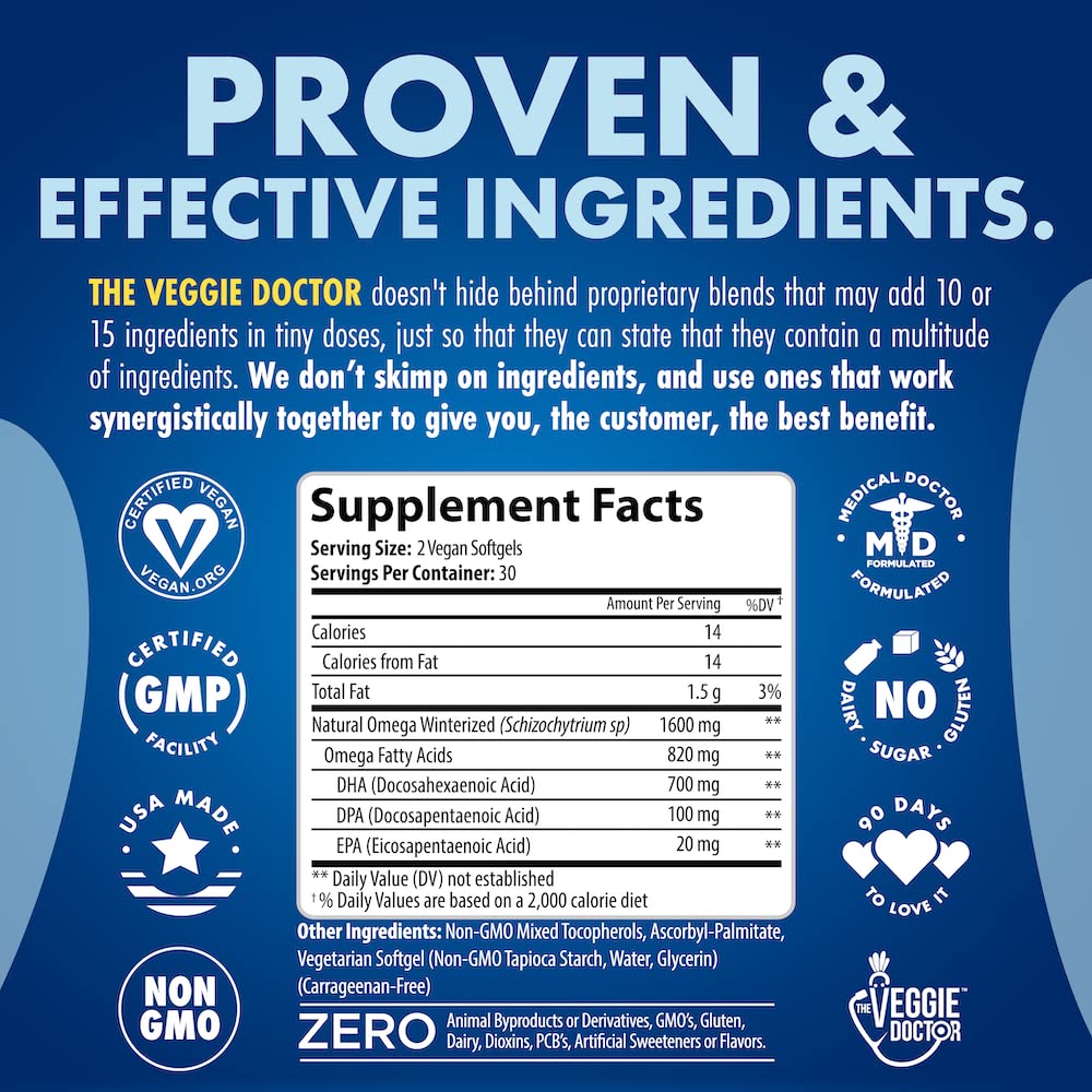 The Veggie Doctor Vegan Omega-3 Algal Oil Capsules side view