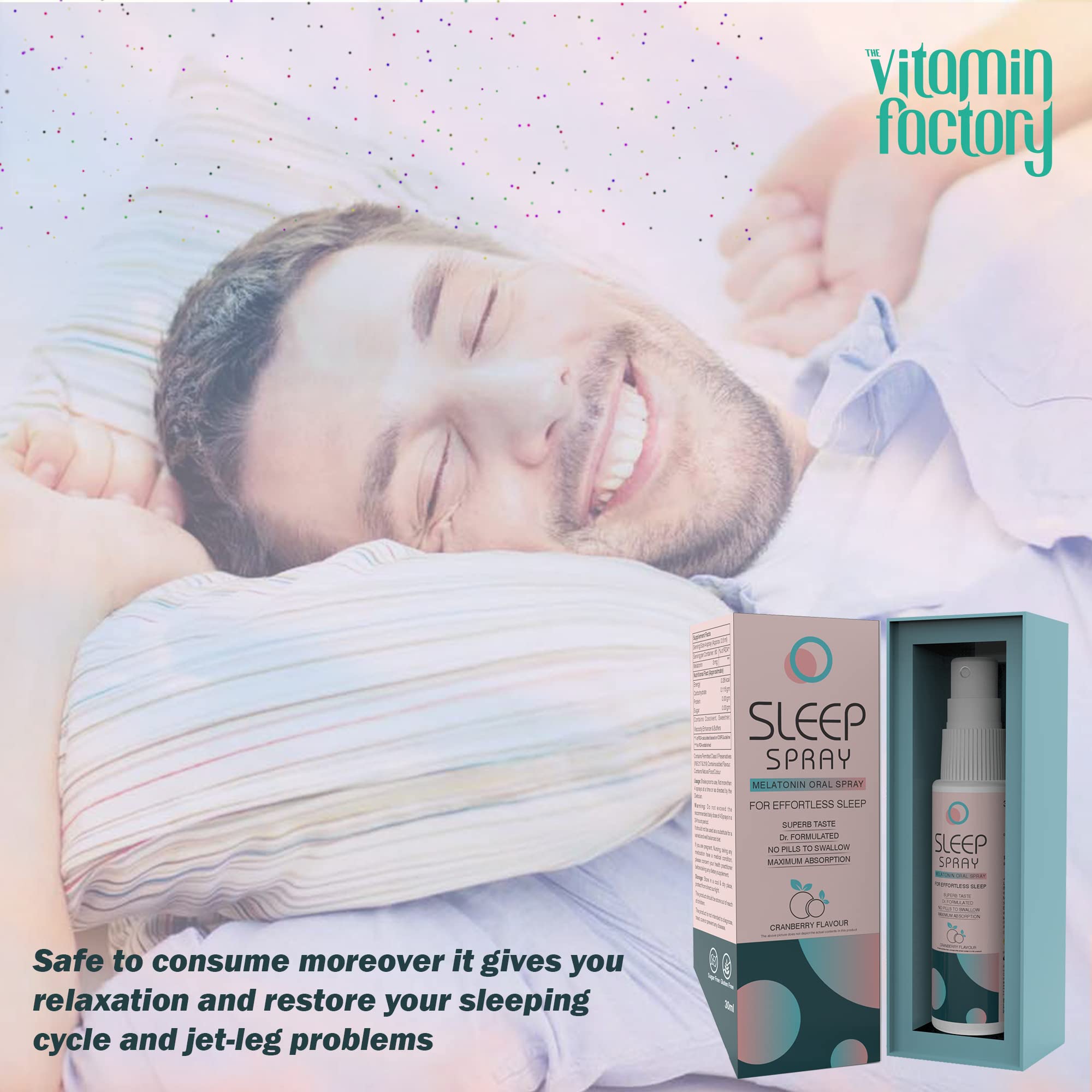 The Vitamin Factory Oral Sleep Spray 30ml cranberry flavour bottle close-up