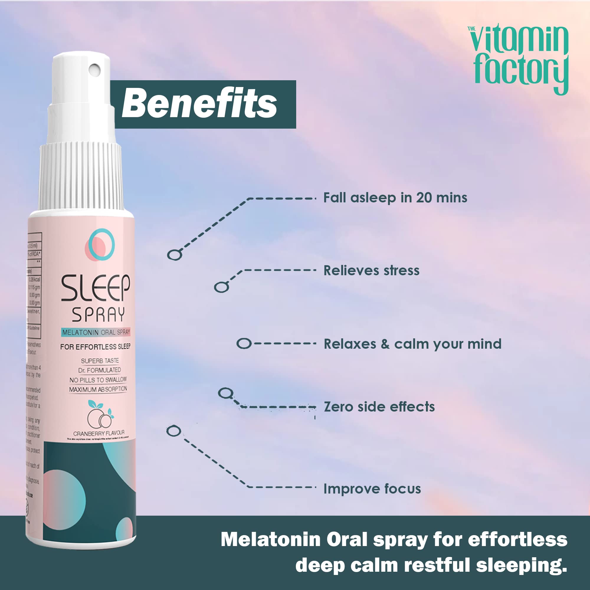 The Vitamin Factory Oral Sleep Spray 30ml cranberry flavour under tongue usage