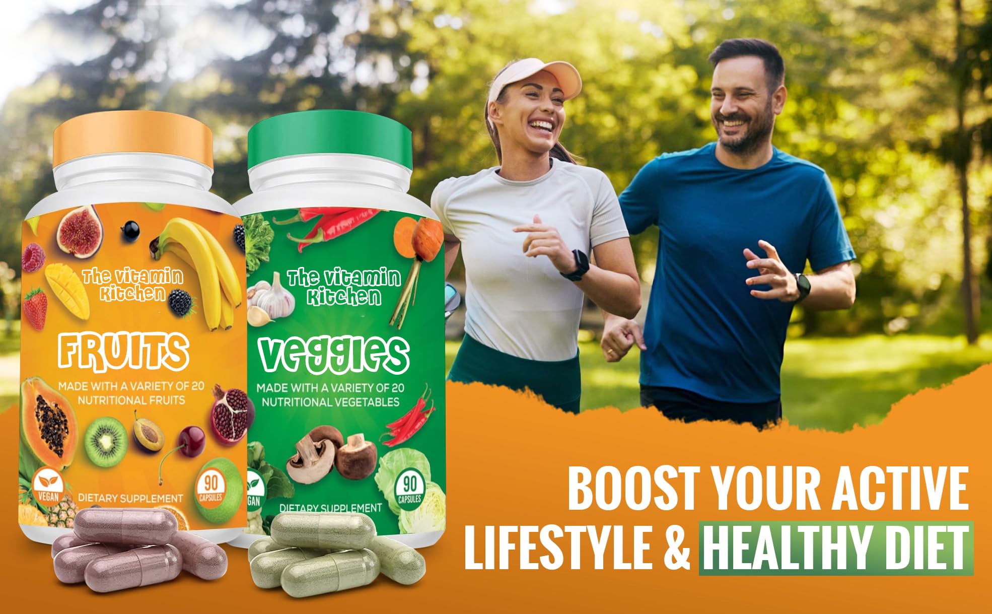 The Vitamin Kitchen Fruit and Veggie Supplement 180 Capsules on a wooden table