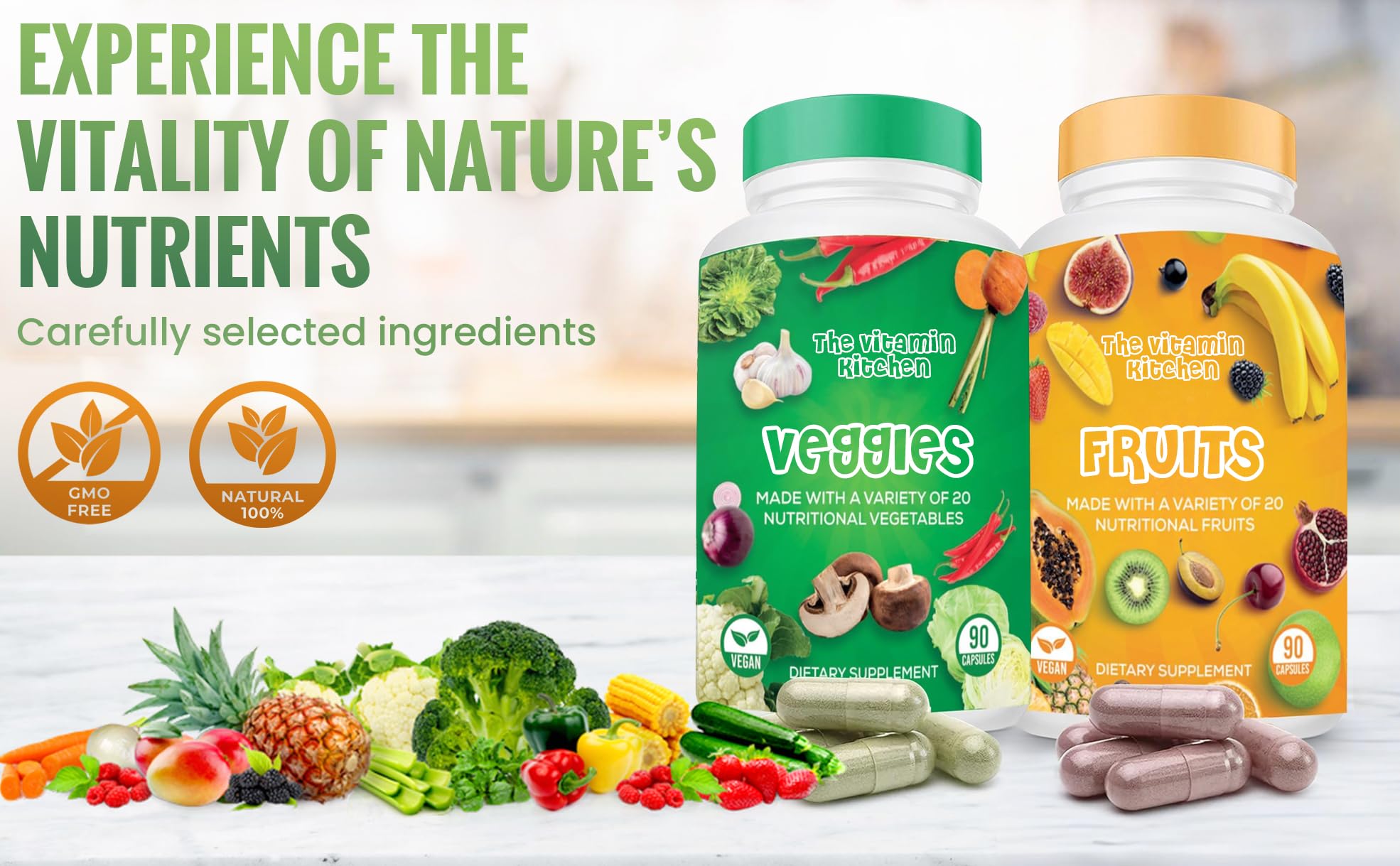 The Vitamin Kitchen Fruit and Veggie Supplement 180 Capsules with a measuring spoon