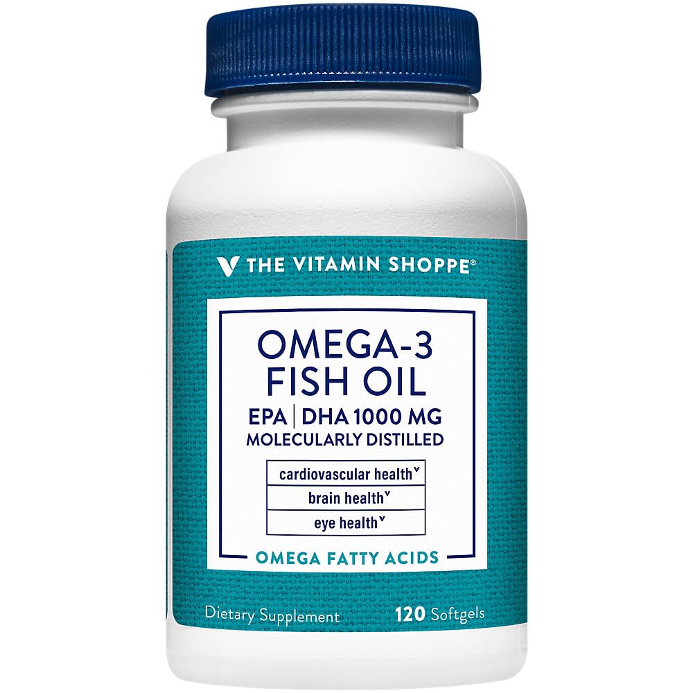 The Vitamin Shoppe Fish Oil Softgels arranged on a wooden table