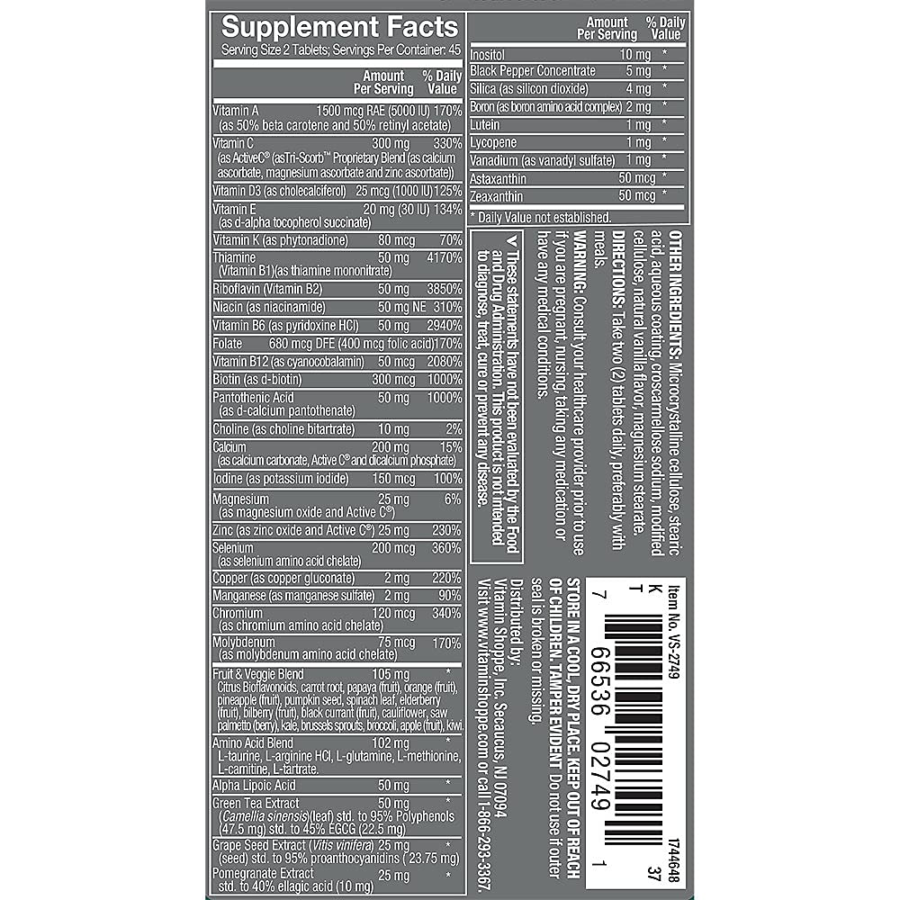 The Vitamin Shoppe Men's Multivitamin 90 Tablets side view