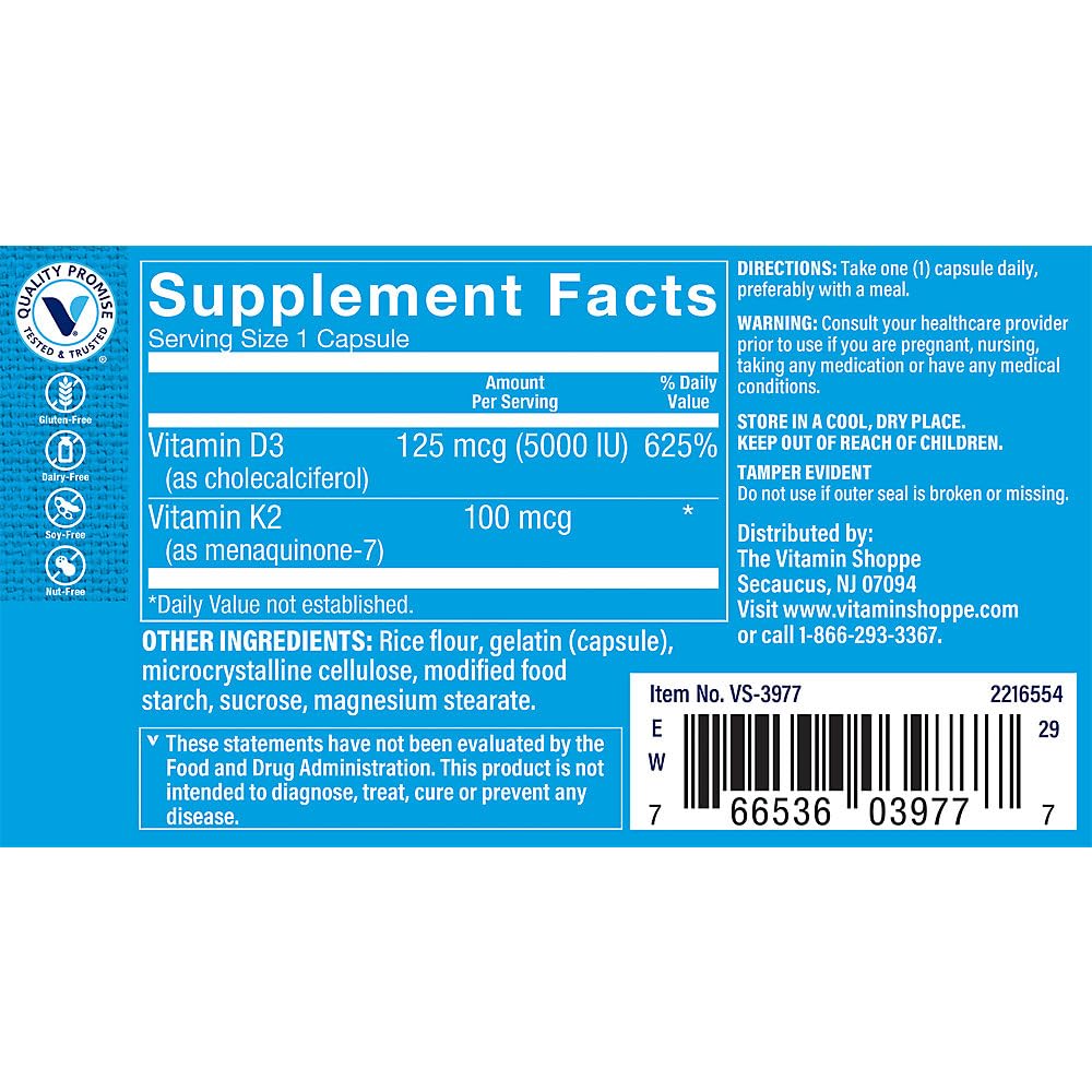 The Vitamin Shoppe Vitamin D3 5000 IU Capsules side view
