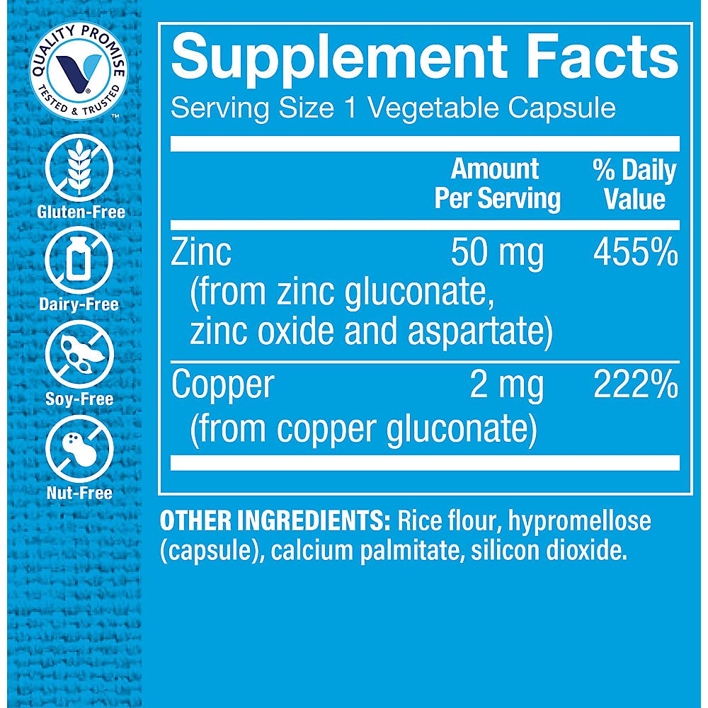The Vitamin Shoppe Zinc & Copper 100 vegetarian capsules side view