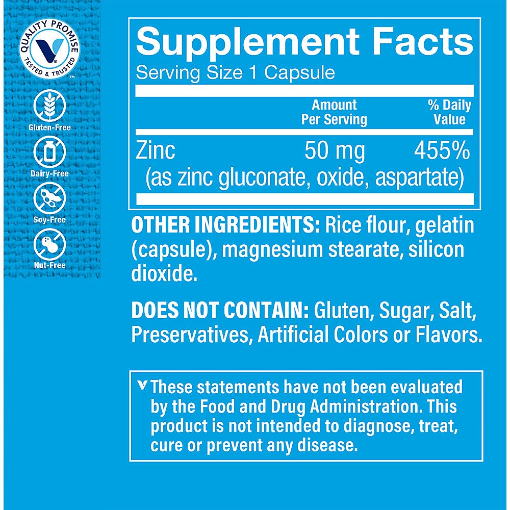 The Vitamin Shoppe Zinc Supplement 50mg capsules in a bottle