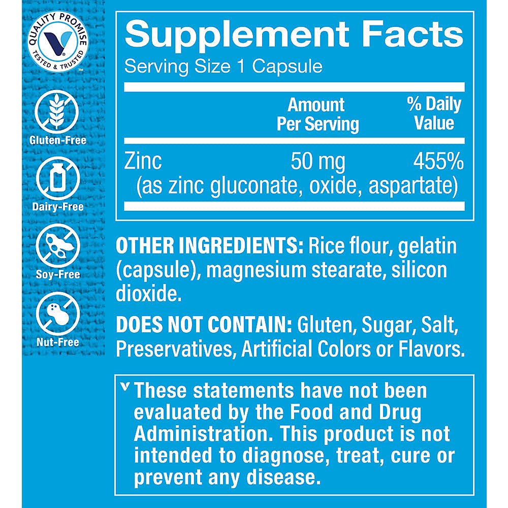 The Vitamin Shoppe Zinc Supplement bottle side view