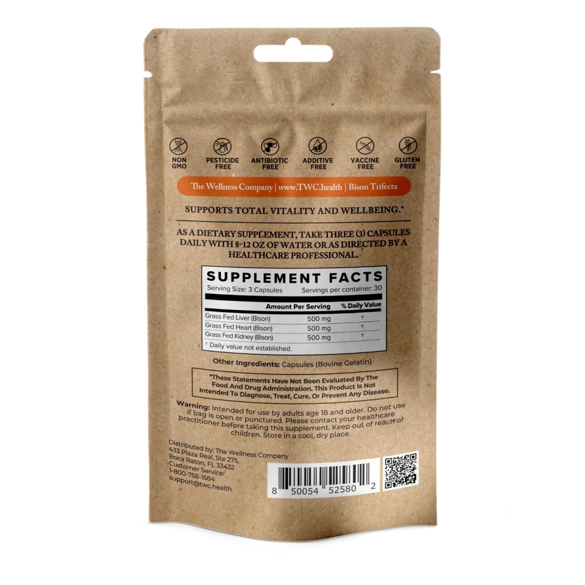 The Wellness Company Bison Trifecta Freeze-Dried Organ Capsules side view