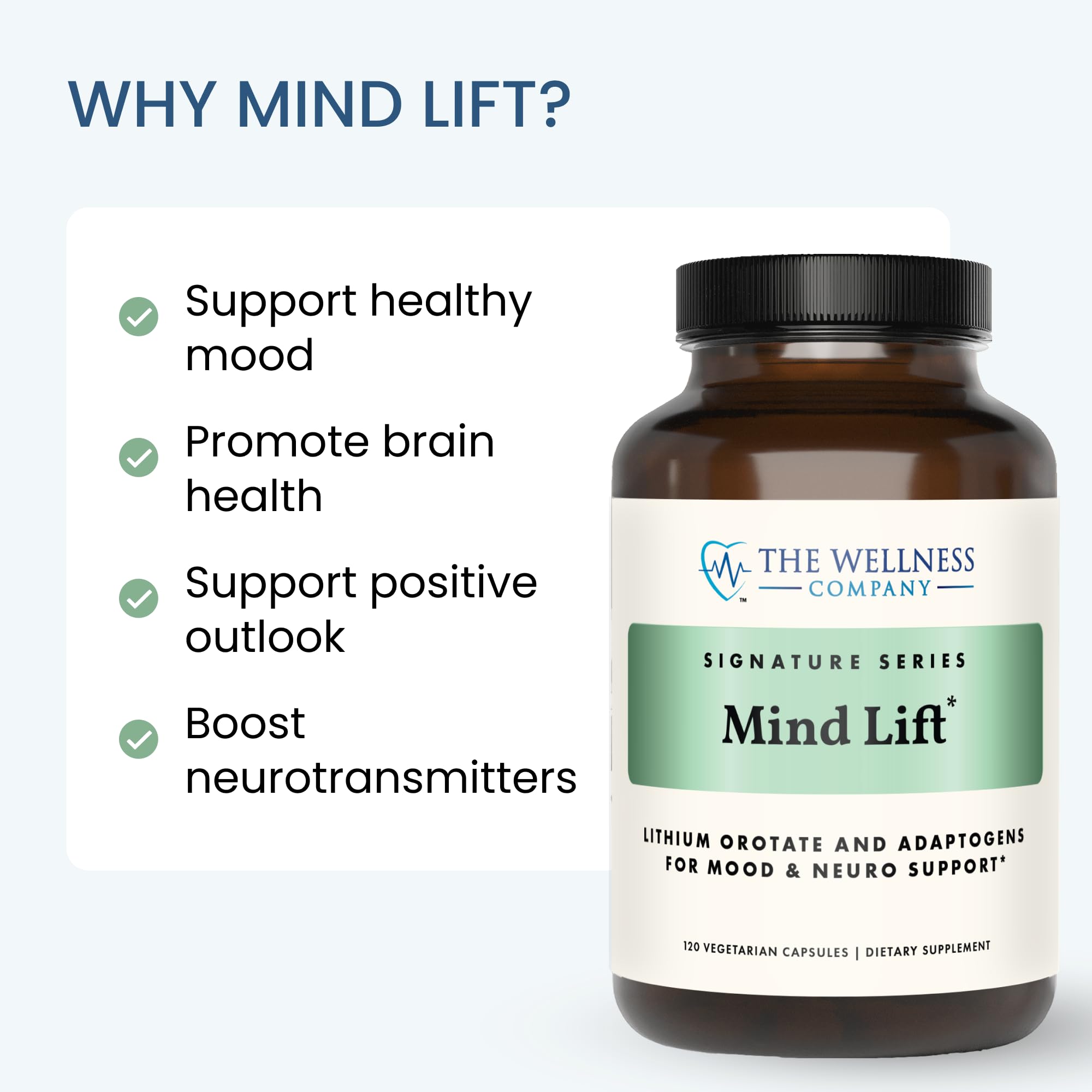 The Wellness Company Mind Lift capsules in hand