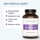 The Wellness Company Restful Sleep Capsules displayed with a measuring spoon