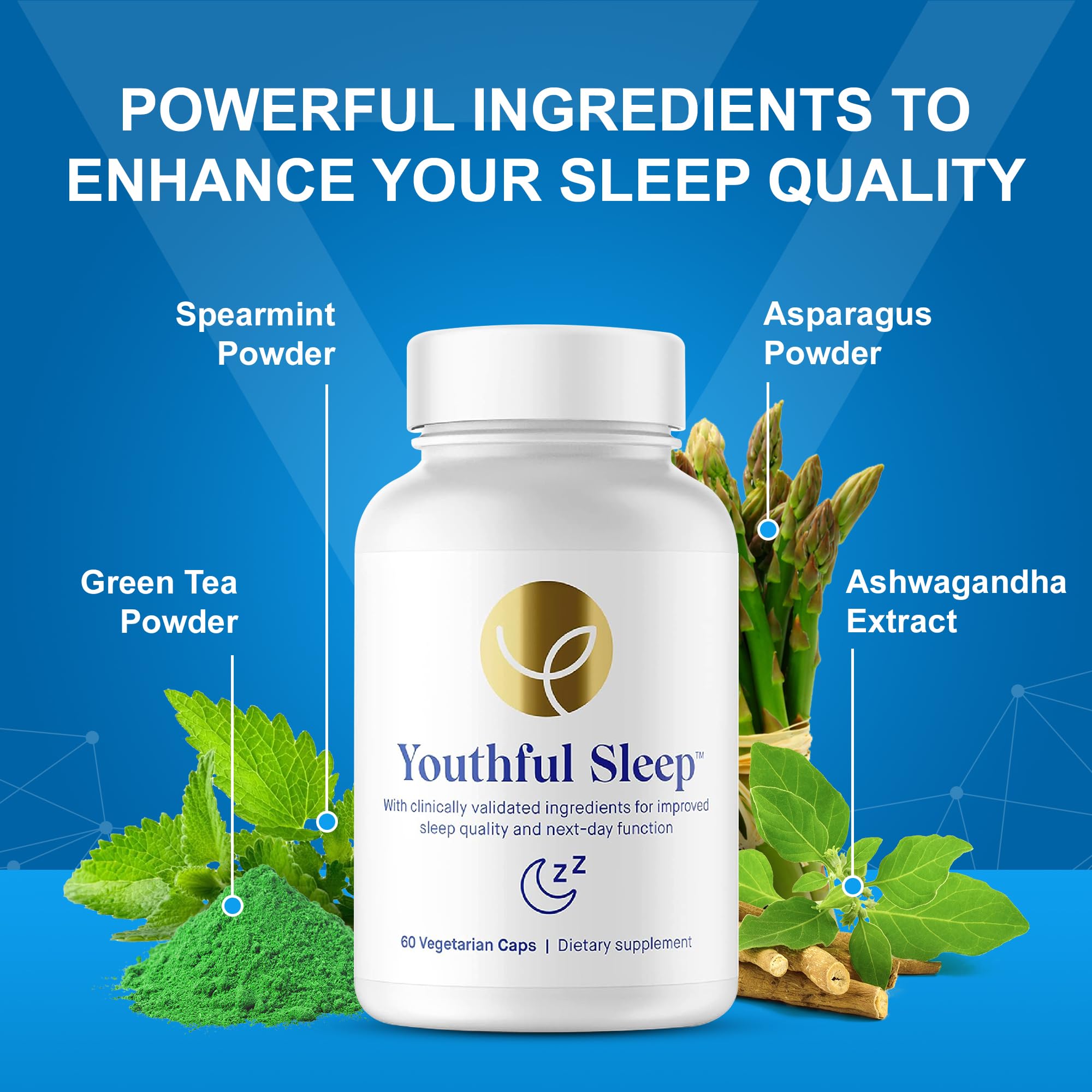 The Youthful Company Youthful Sleep Supplement capsules on a wooden surface