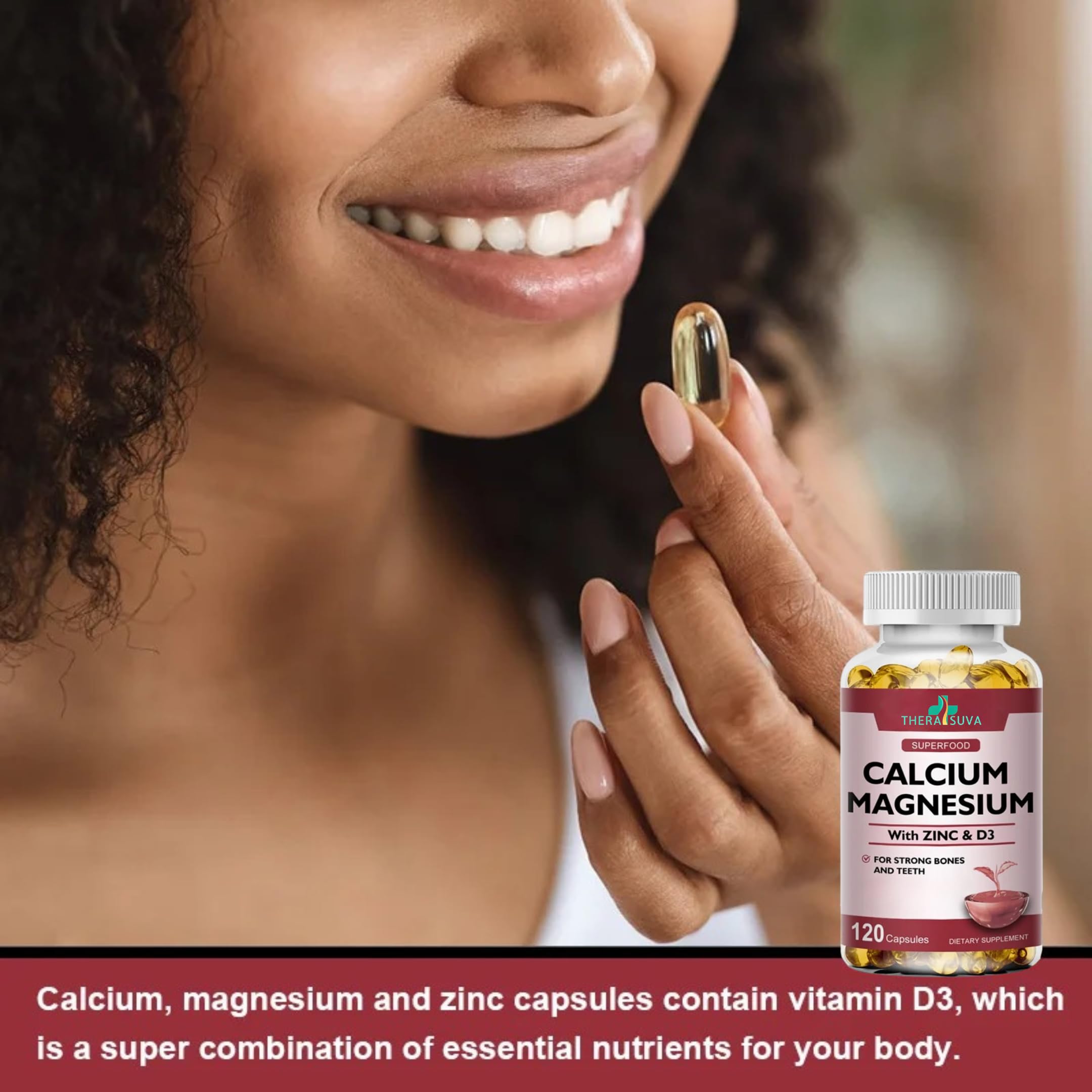 TheraSuva Calcium 1000mg + Magnesium 400mg + D3 + Zinc supplement side view
