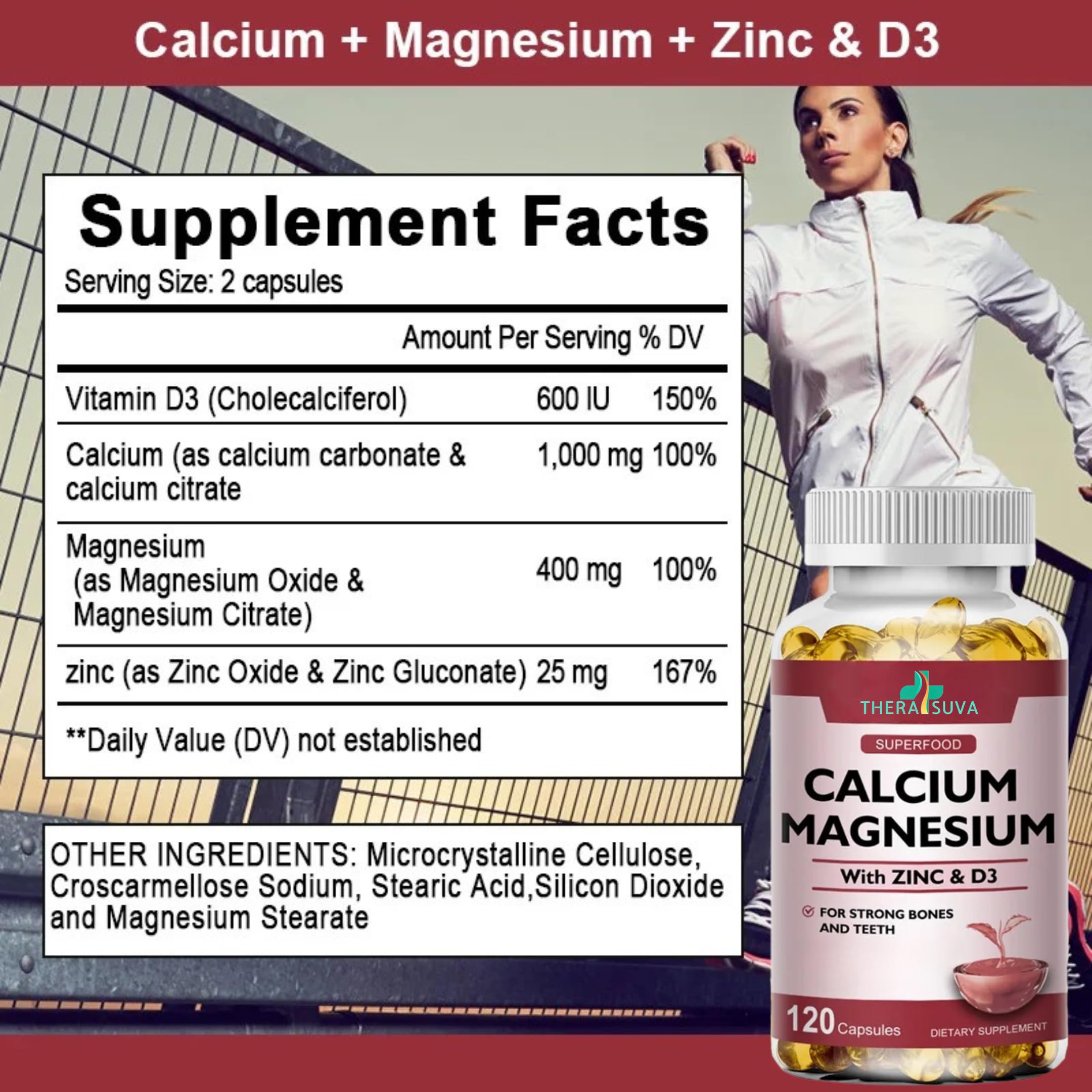 TheraSuva Calcium supplement bottle with dosage information