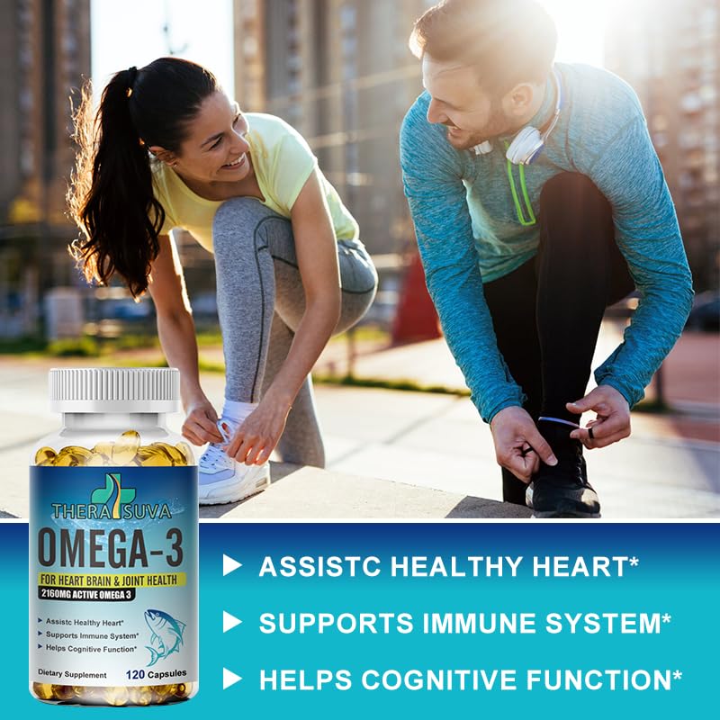 TheraSuva Fish Oil Supplement softgels in a hand