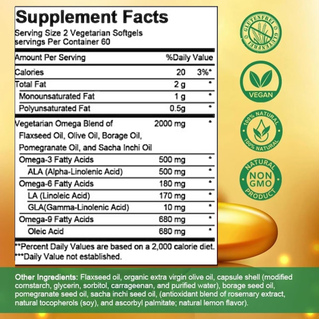TheraSuva Omega 3-6-9 Vegan Supplement back view with nutritional information