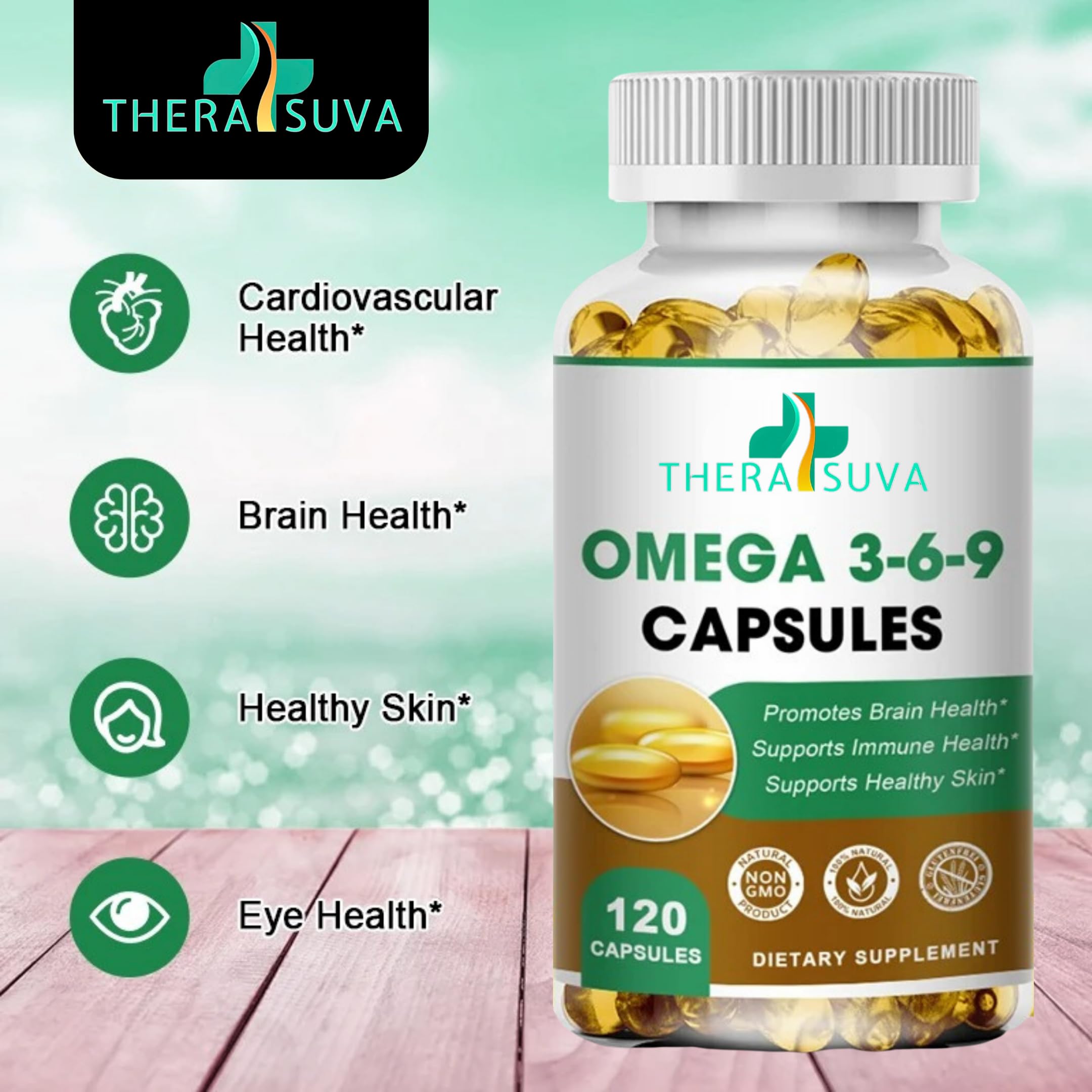 TheraSuva Omega 3-6-9 Vegan Supplement bottle with label