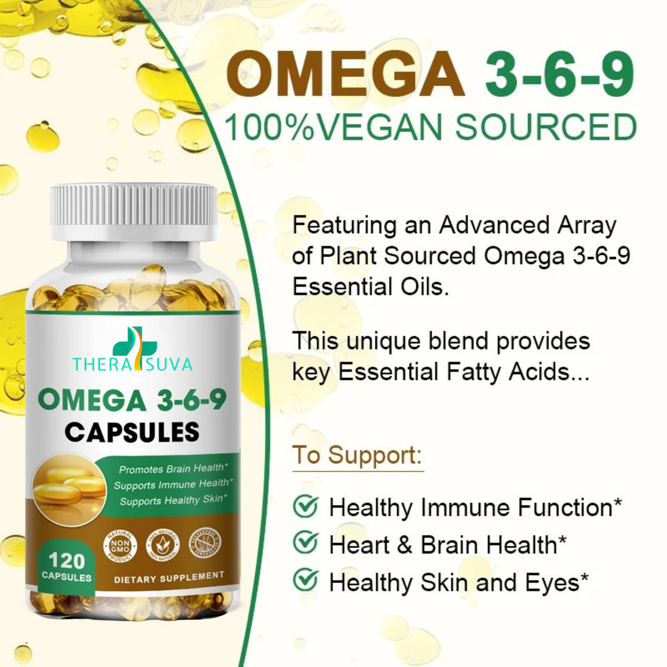 TheraSuva Omega 3-6-9 Vegan Supplement side view showing capsule