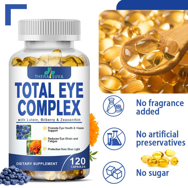 TheraSuva Total Eye Complex Softgels on a wooden table