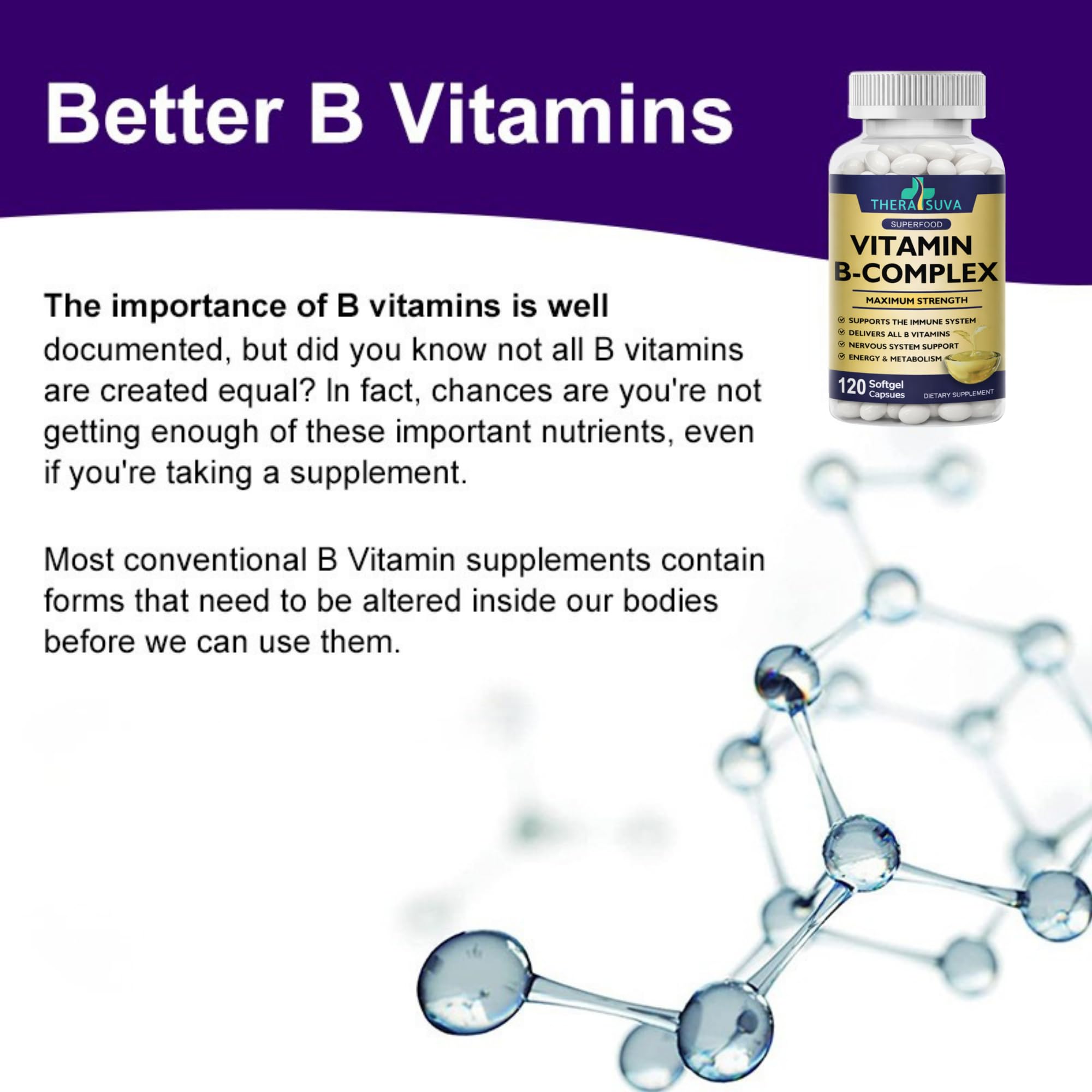 TheraSuva Vitamin B-Complex Supplement bottle on a wooden table
