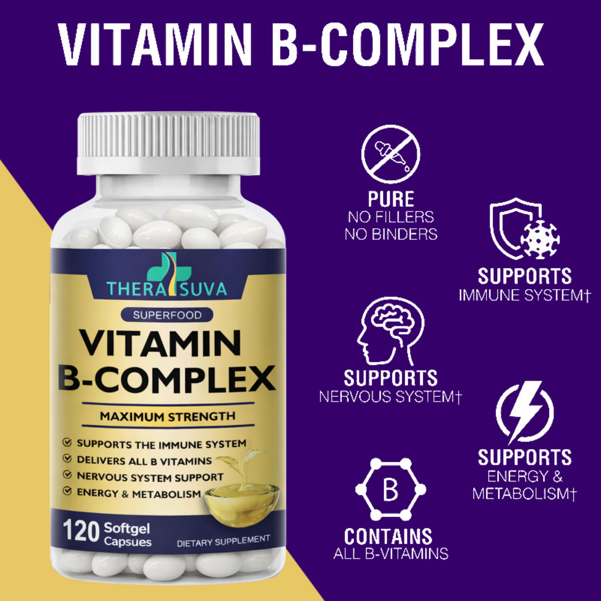TheraSuva Vitamin B-Complex Supplement capsules in a hand