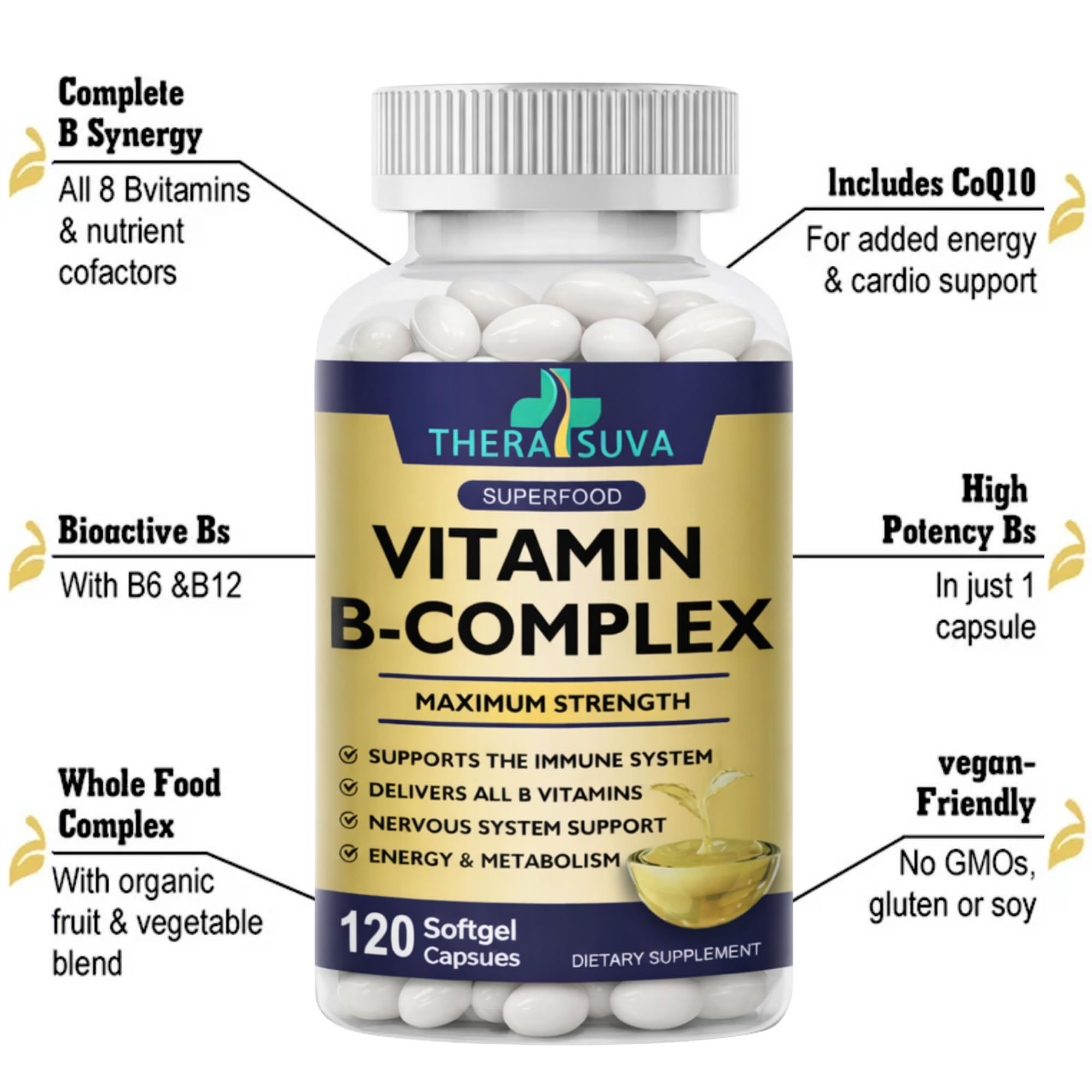 TheraSuva Vitamin B-Complex Supplement side view showing capsule size