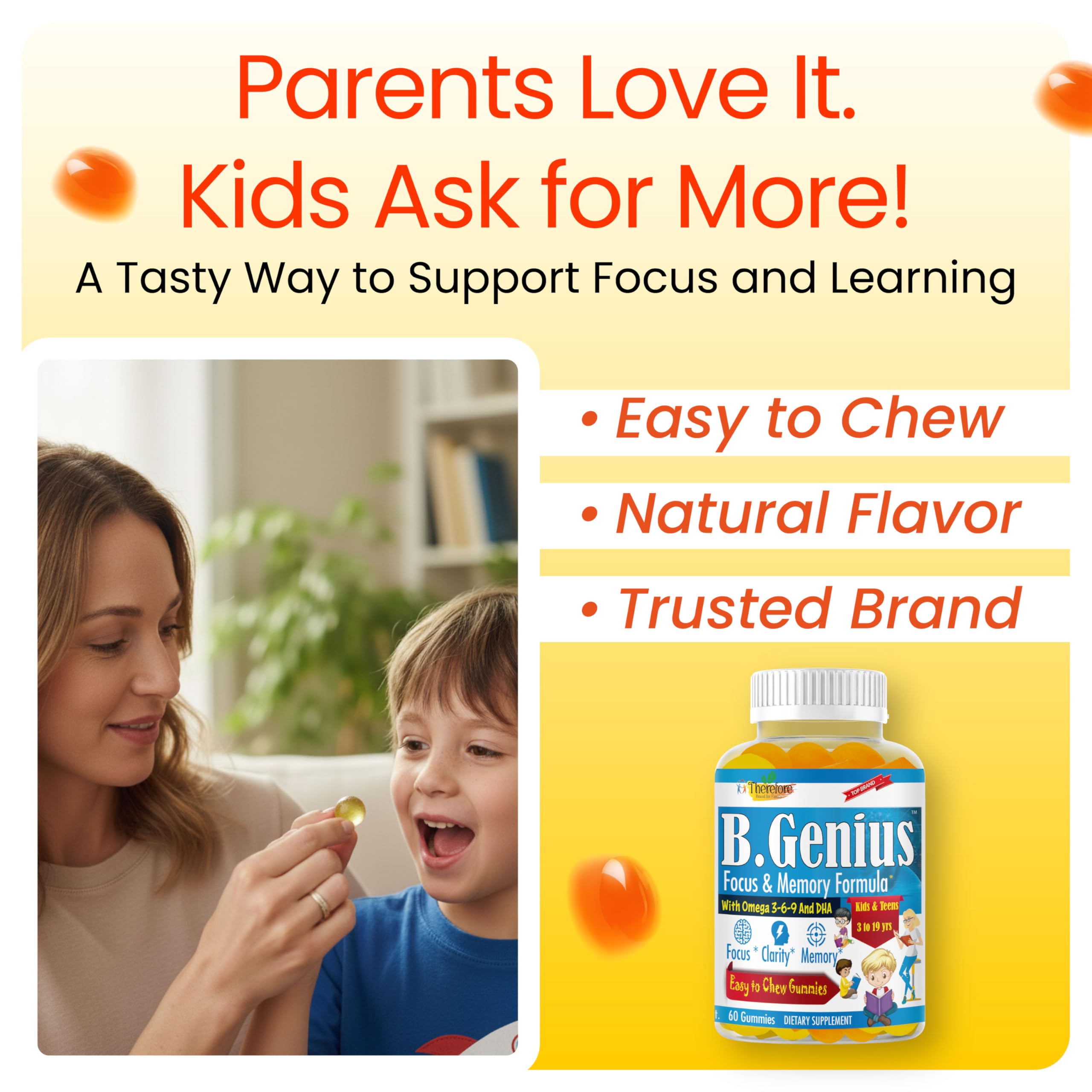 Therefore B.Genius Kids Focus Gummies on a table