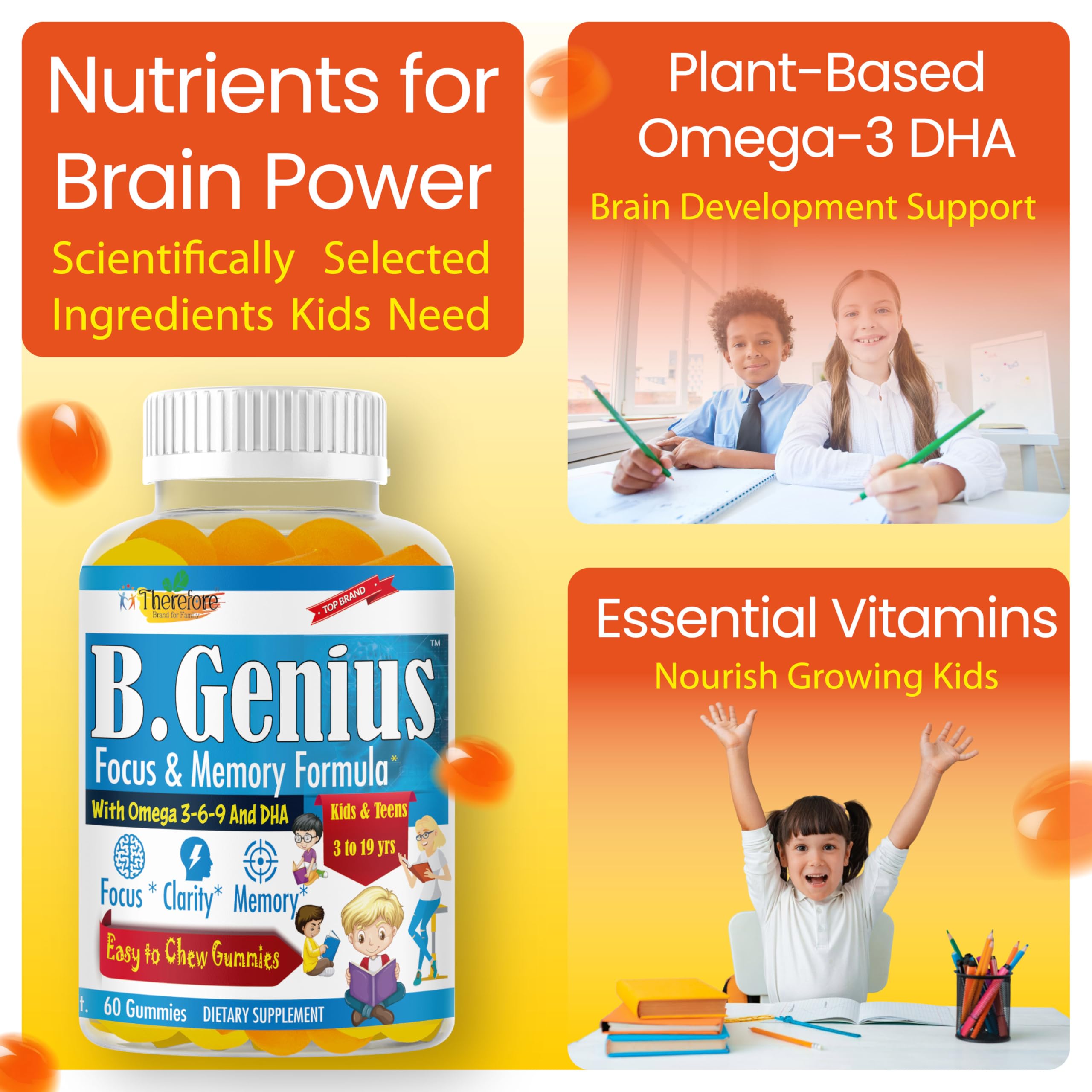 Therefore B.Genius Kids Focus Gummies with ingredients list