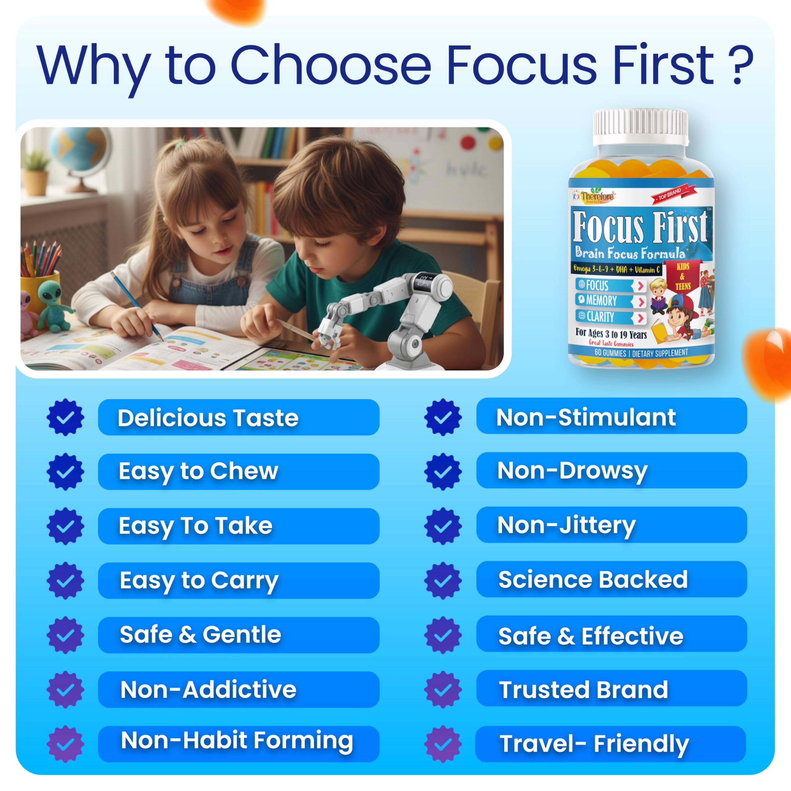 Therefore Kids Omega-3 Gummies on a wooden table