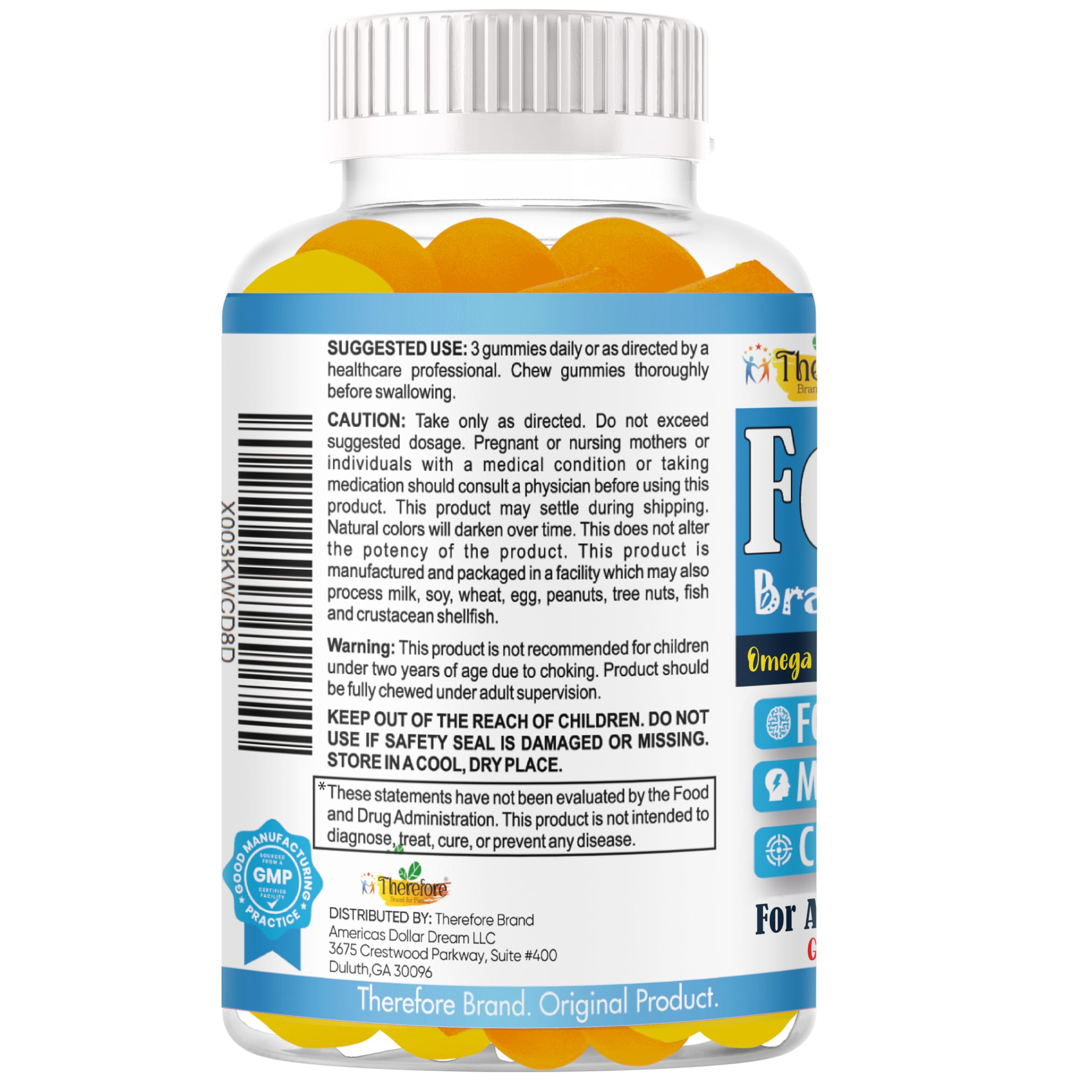 Therefore Kids Omega-3 Gummies side view with nutritional facts