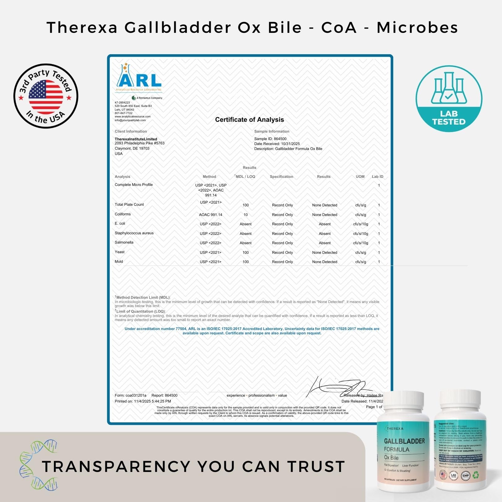 THEREXA Multi-Enzyme Ox Bile Supplement with natural ingredients