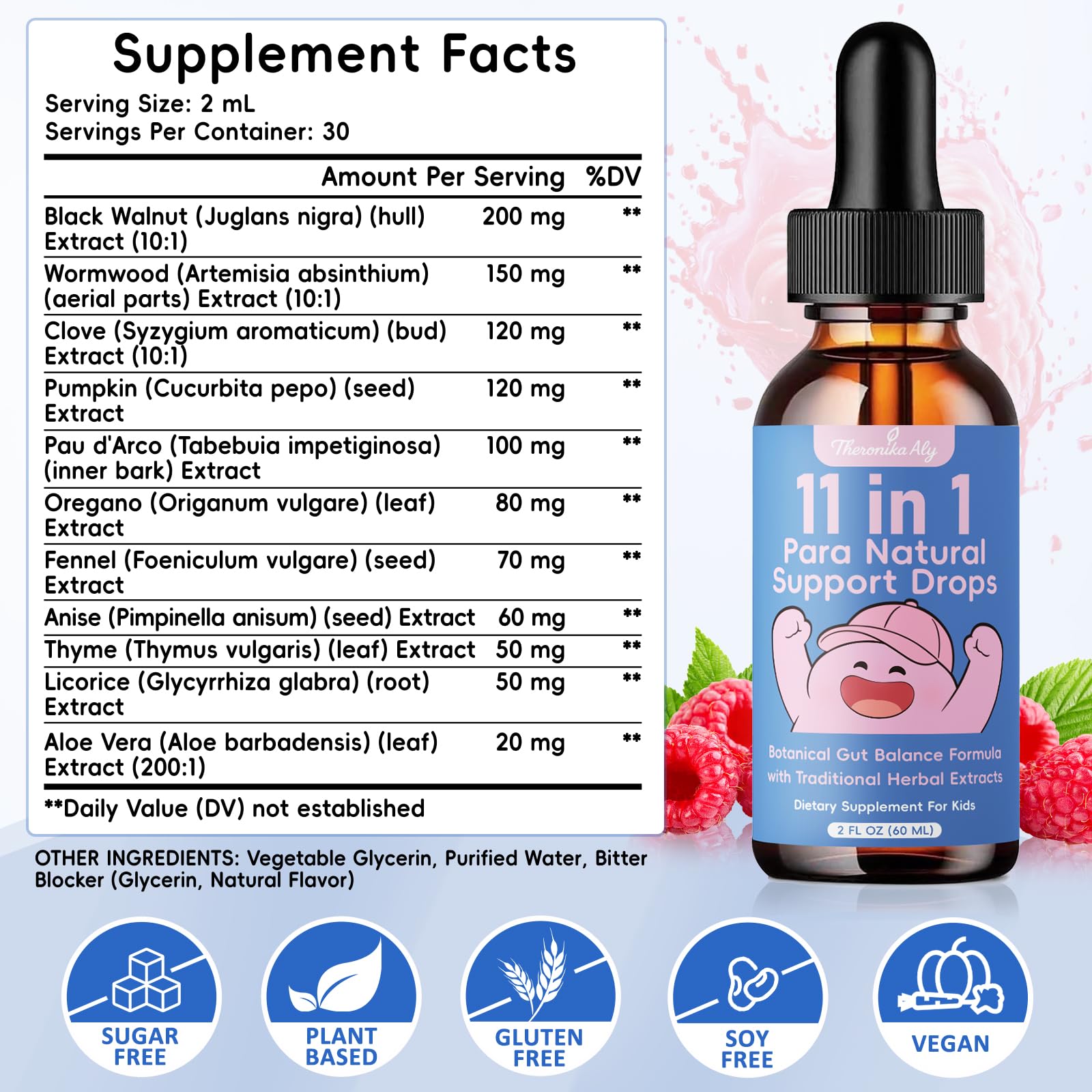 Theronika Aly Herbal daily Support Liquid 145g back view with ingredients