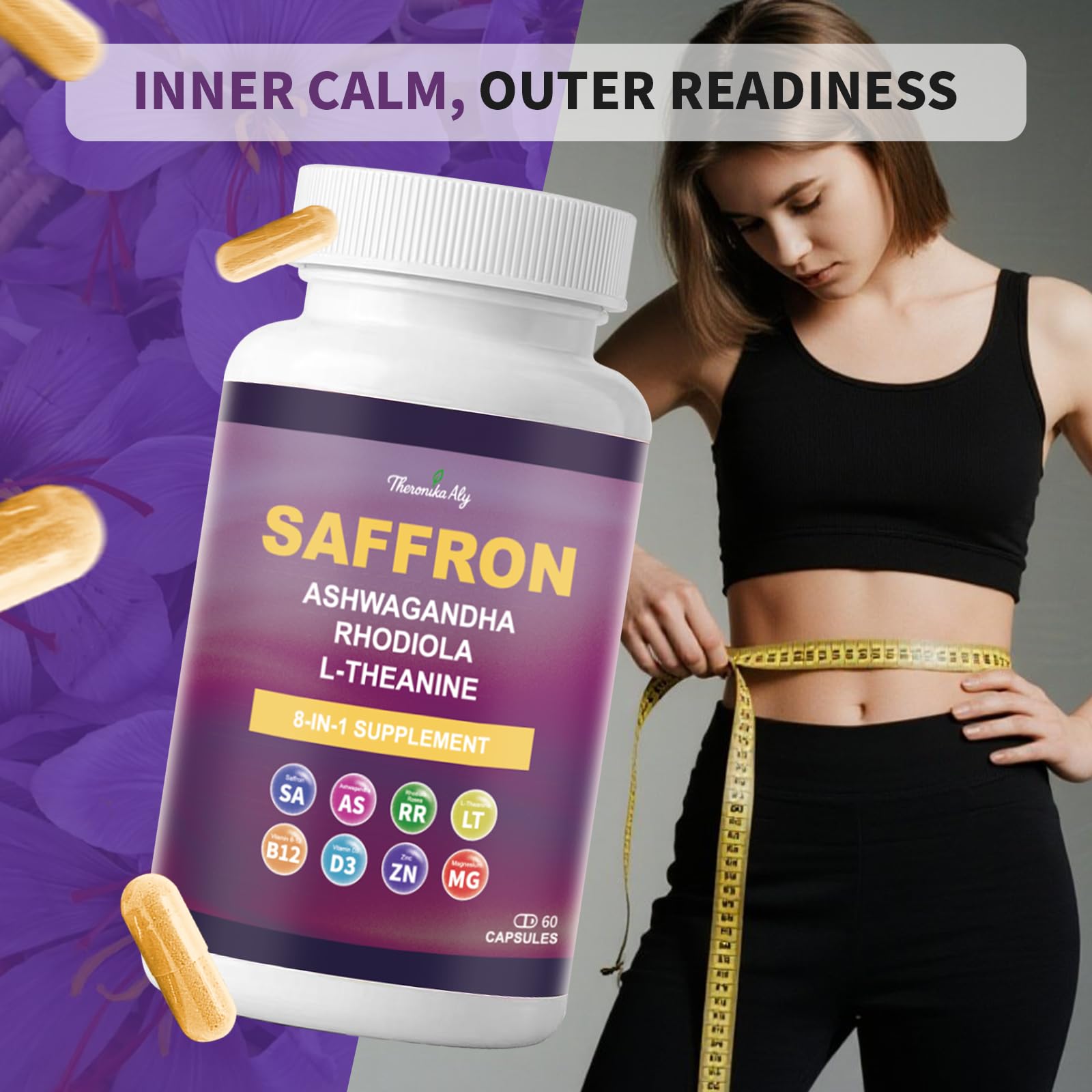 Theronika Aly Saffron Supplement capsules in a hand