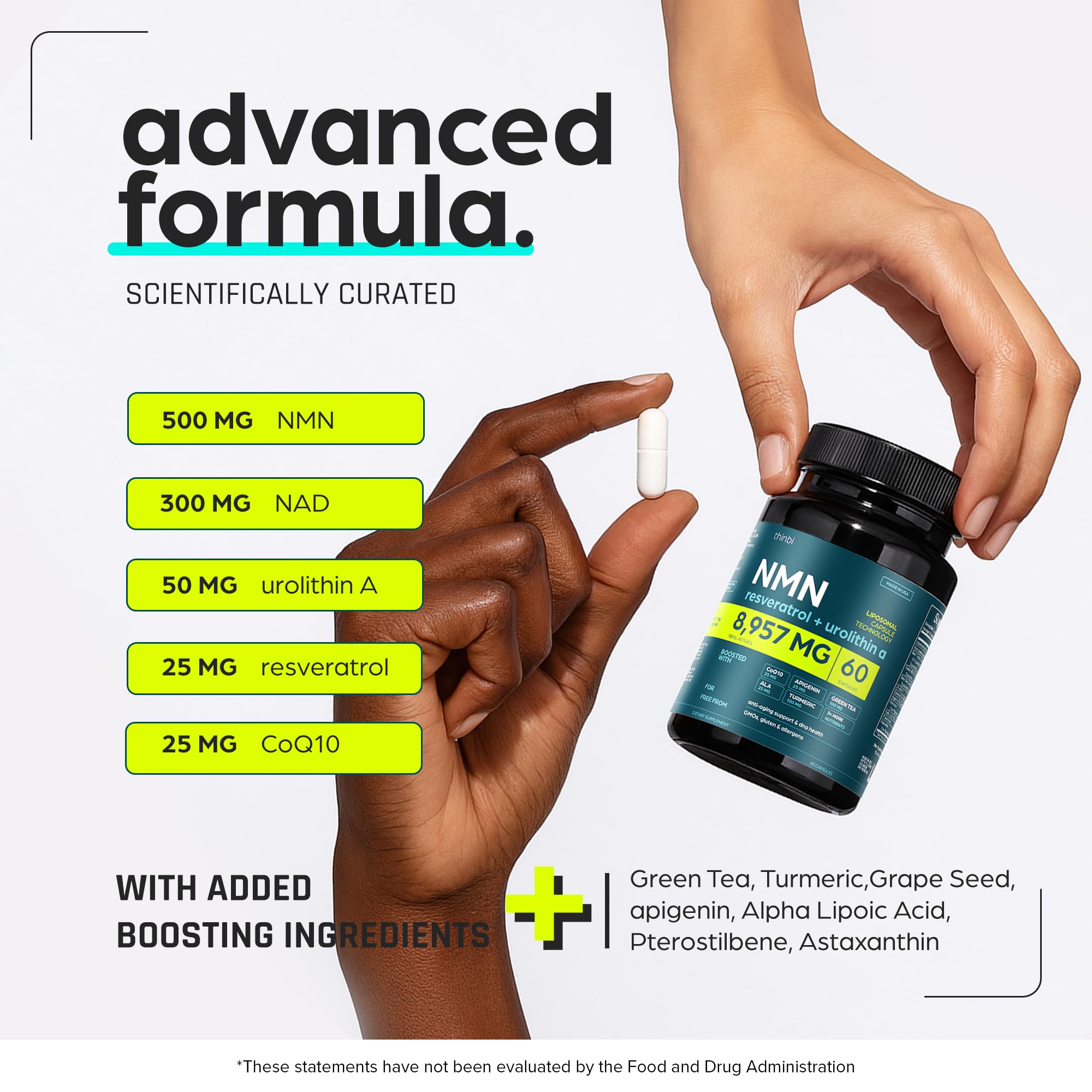 Thinbi NMN Supplement capsules on a table