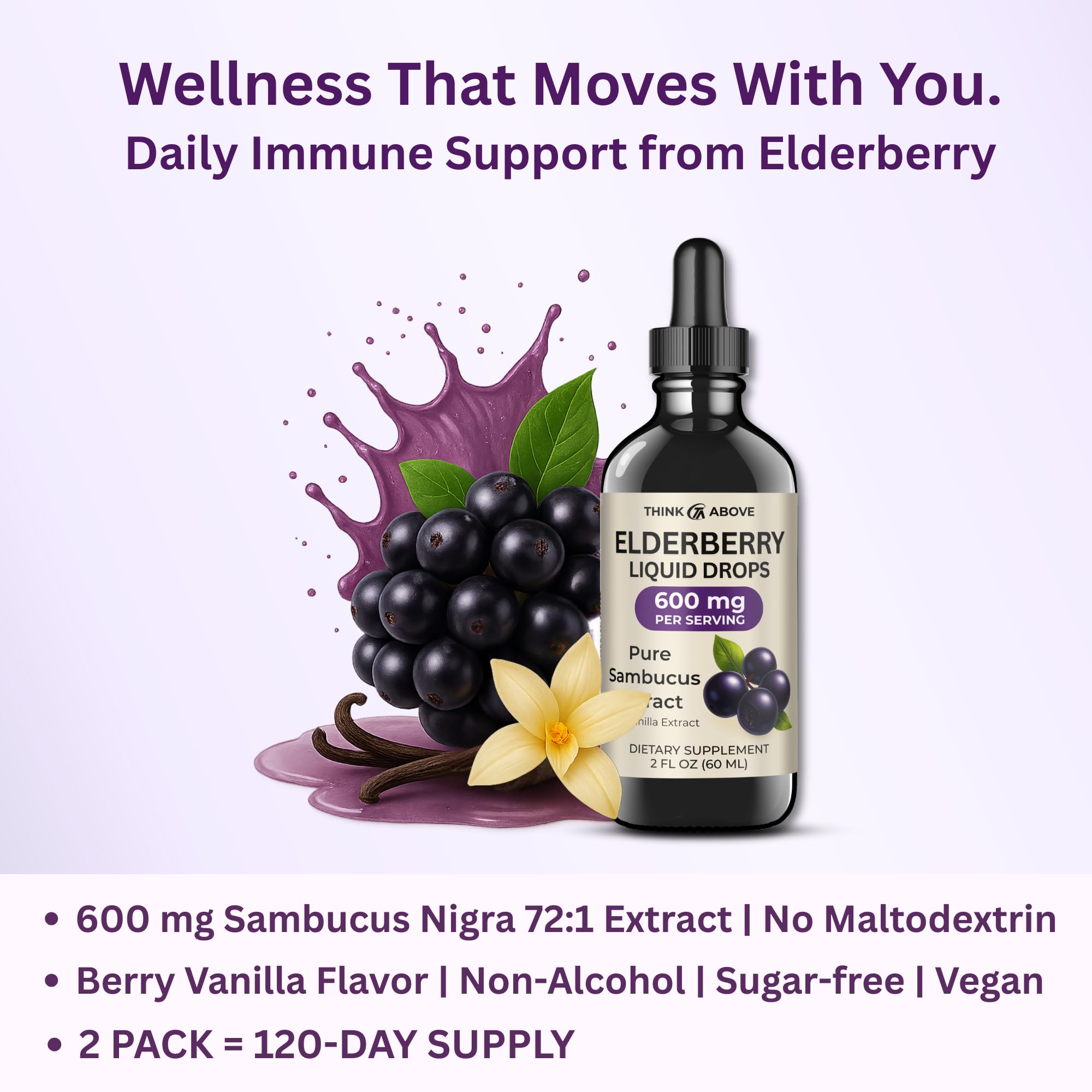Think Above Elderberry Liquid Drops 72:1 extract glass bottle side view
