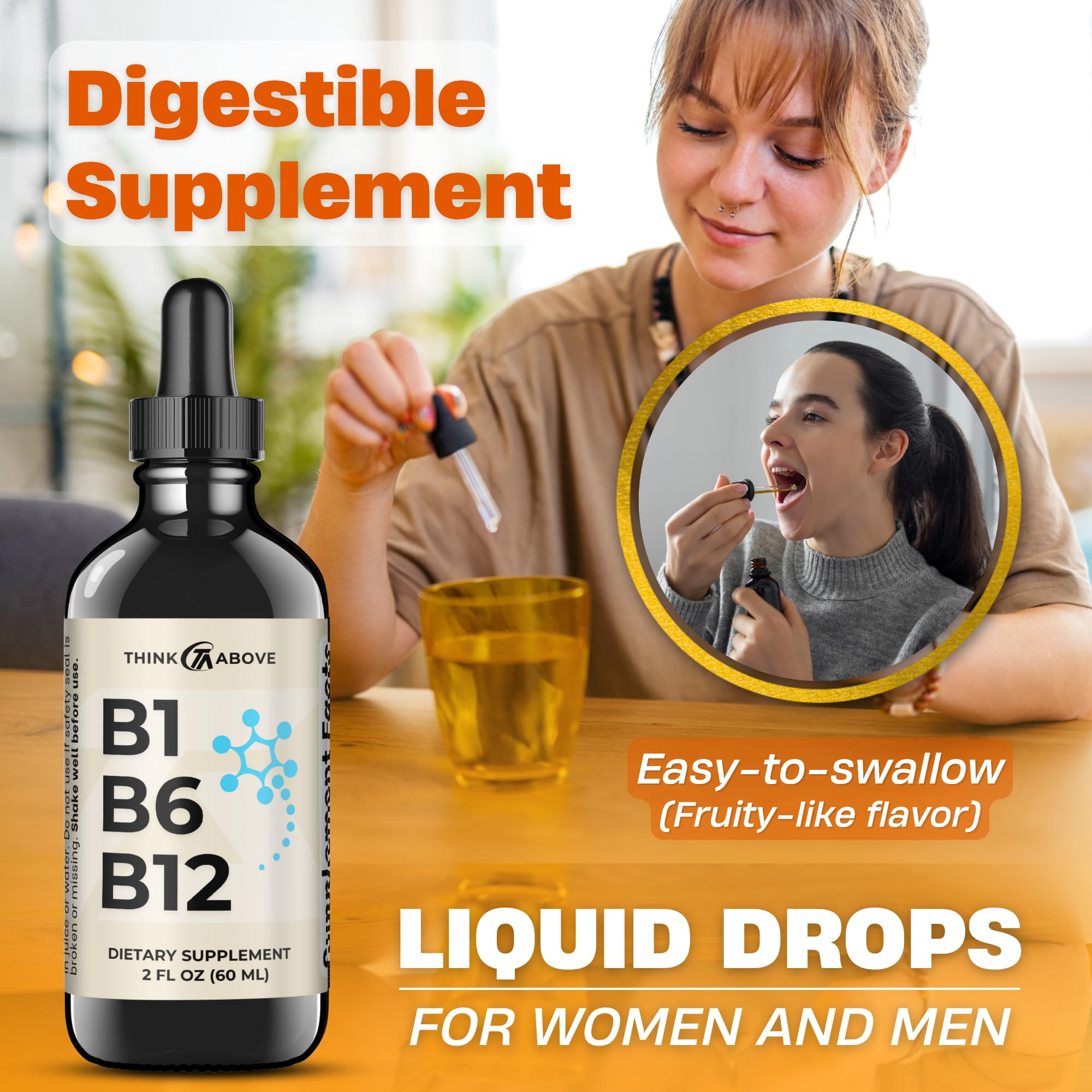 Think Above Liquid B1 B6 B12 Vitamins 2500mcg lifestyle shot with fruits