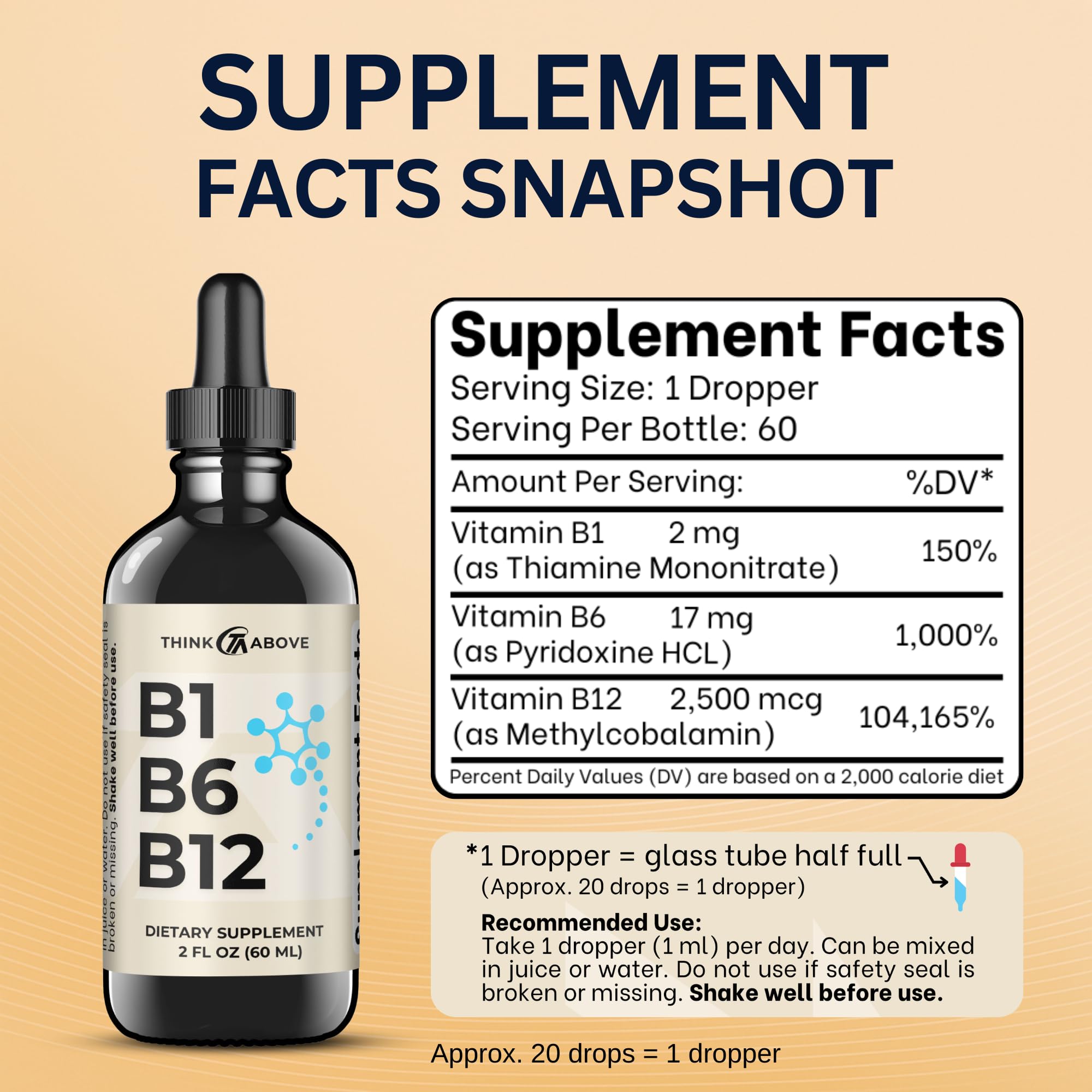 Think Above Liquid B12 Vitamins 2 oz bottle with dosage instructions