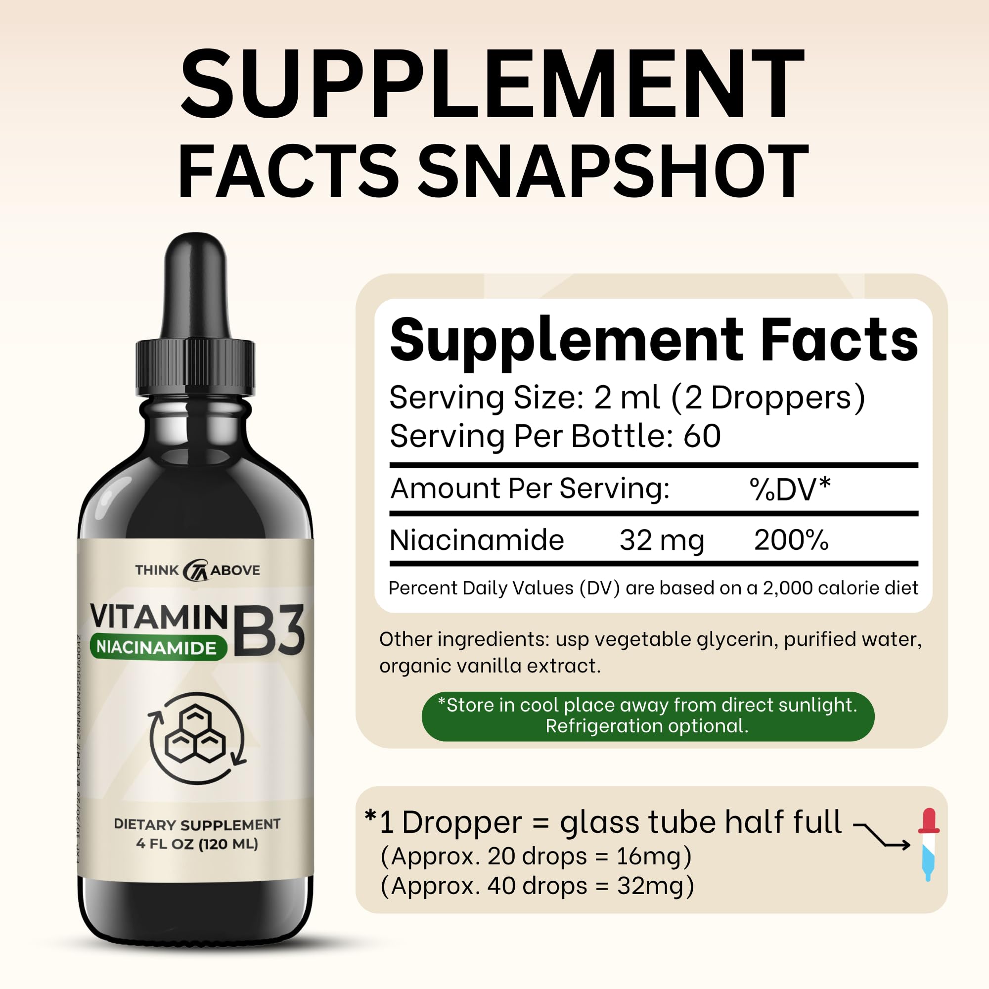 Think Above Niacin Liquid Supplement on a kitchen countertop