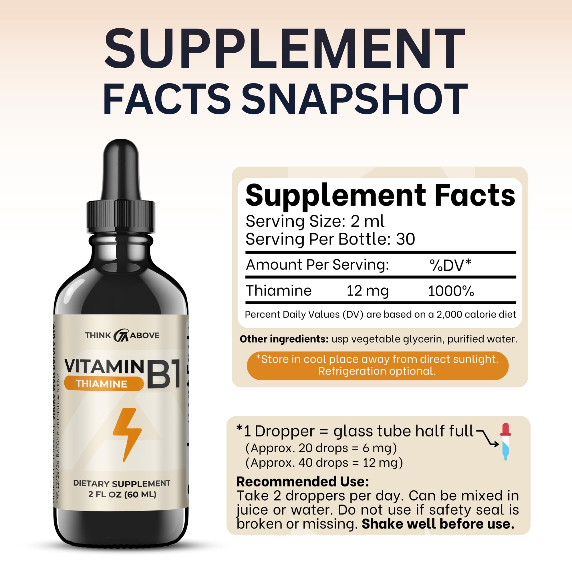 Think Above Vitamin B1 Liquid Drops packaging with ingredients list