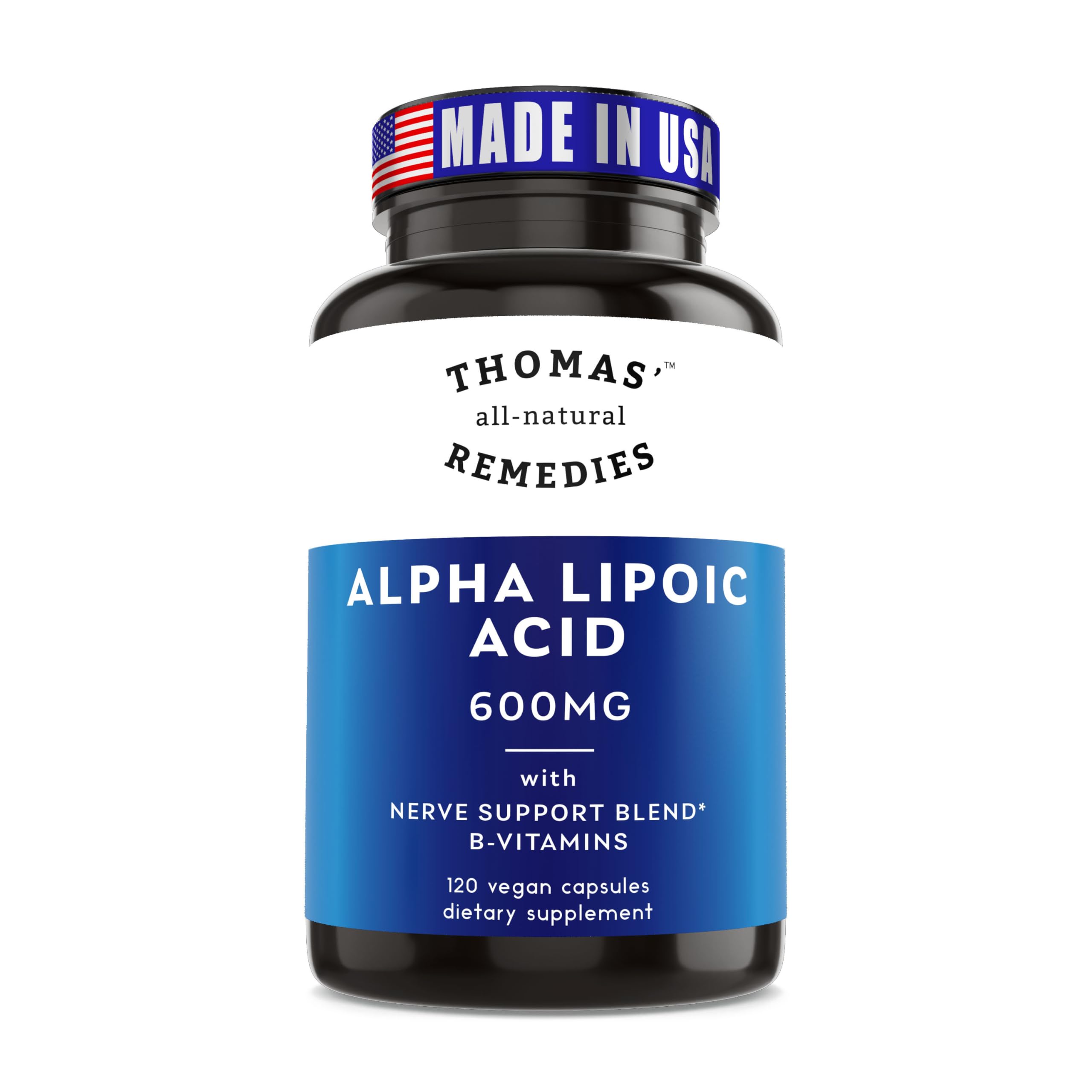 Thomas' all-natural Remedies Alpha Lipoic Acid 600mg capsules front view