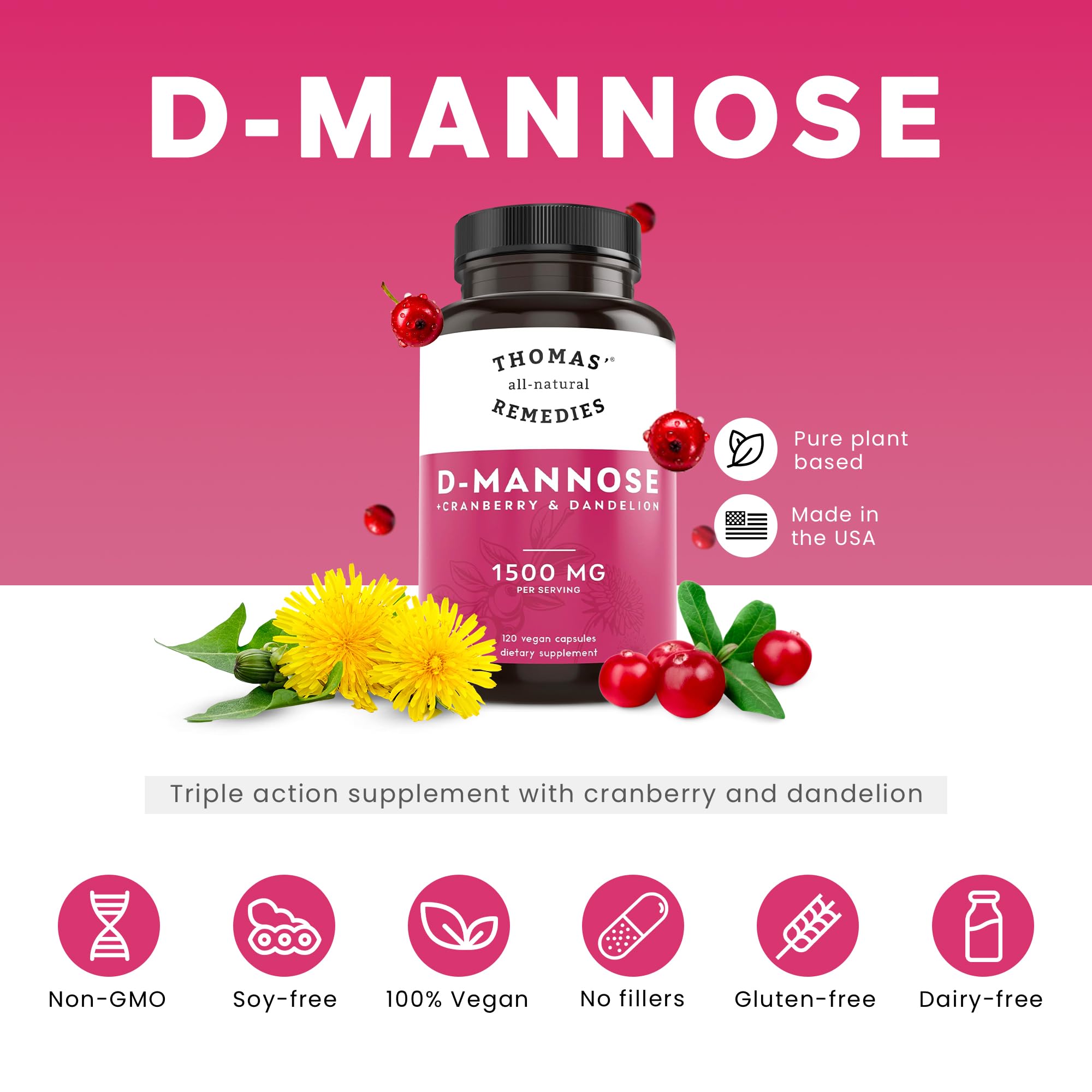 Thomas' all-natural Remedies Cranberry Supplement bottle with label