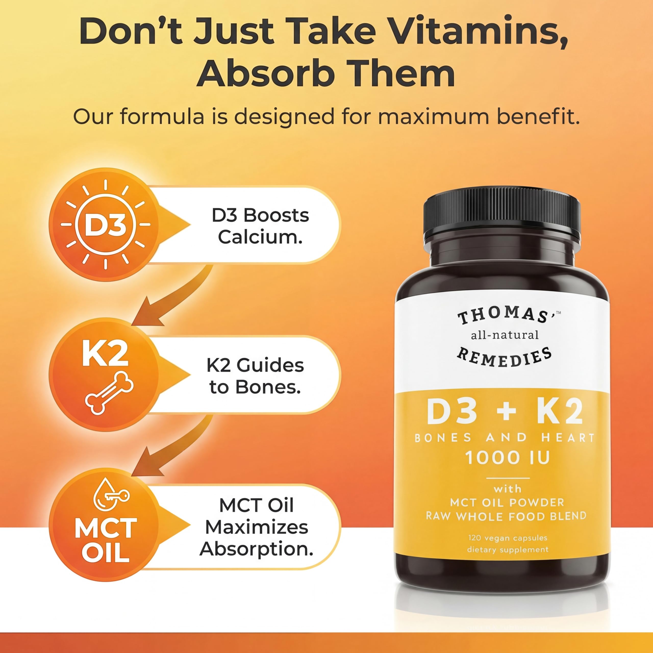 Thomas' all-natural Remedies D3 + K2 with MCT Oil capsule close-up