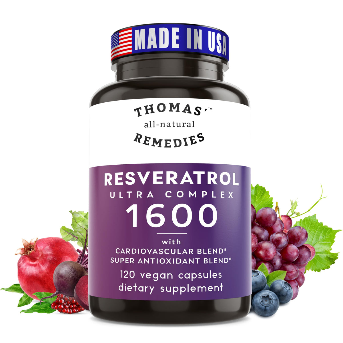 Thomas' all-natural Remedies Resveratrol Plus 1600mg capsules front view