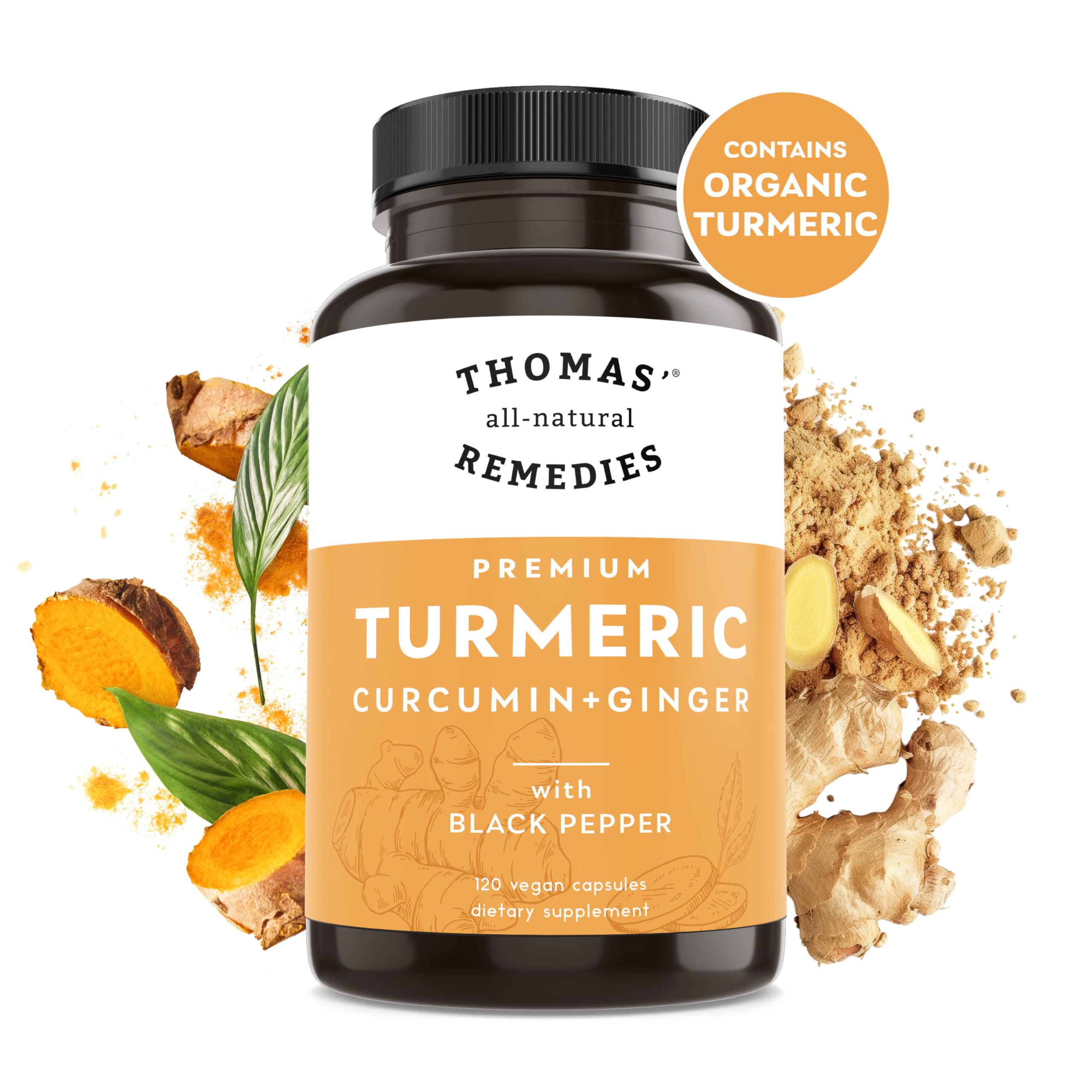 Thomas' all-natural Remedies Turmeric Ginger Supplement on a kitchen counter